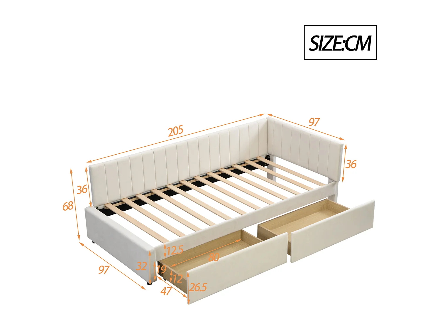 Lit simple d'enfant 90x200cm avec 2 grands tiroirs, lit en velours avec sommier à lattes et 2 barrière de lit, beige