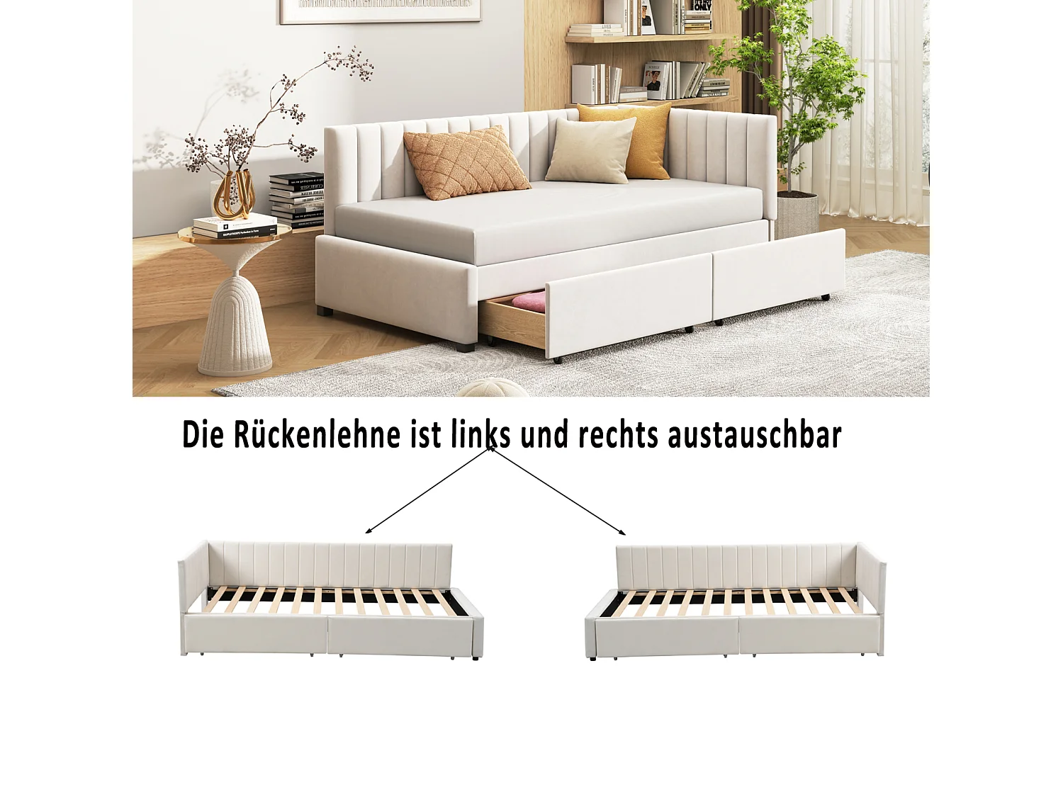 Lit simple d'enfant 90x200cm avec 2 grands tiroirs, lit en velours avec sommier à lattes et 2 barrière de lit, beige