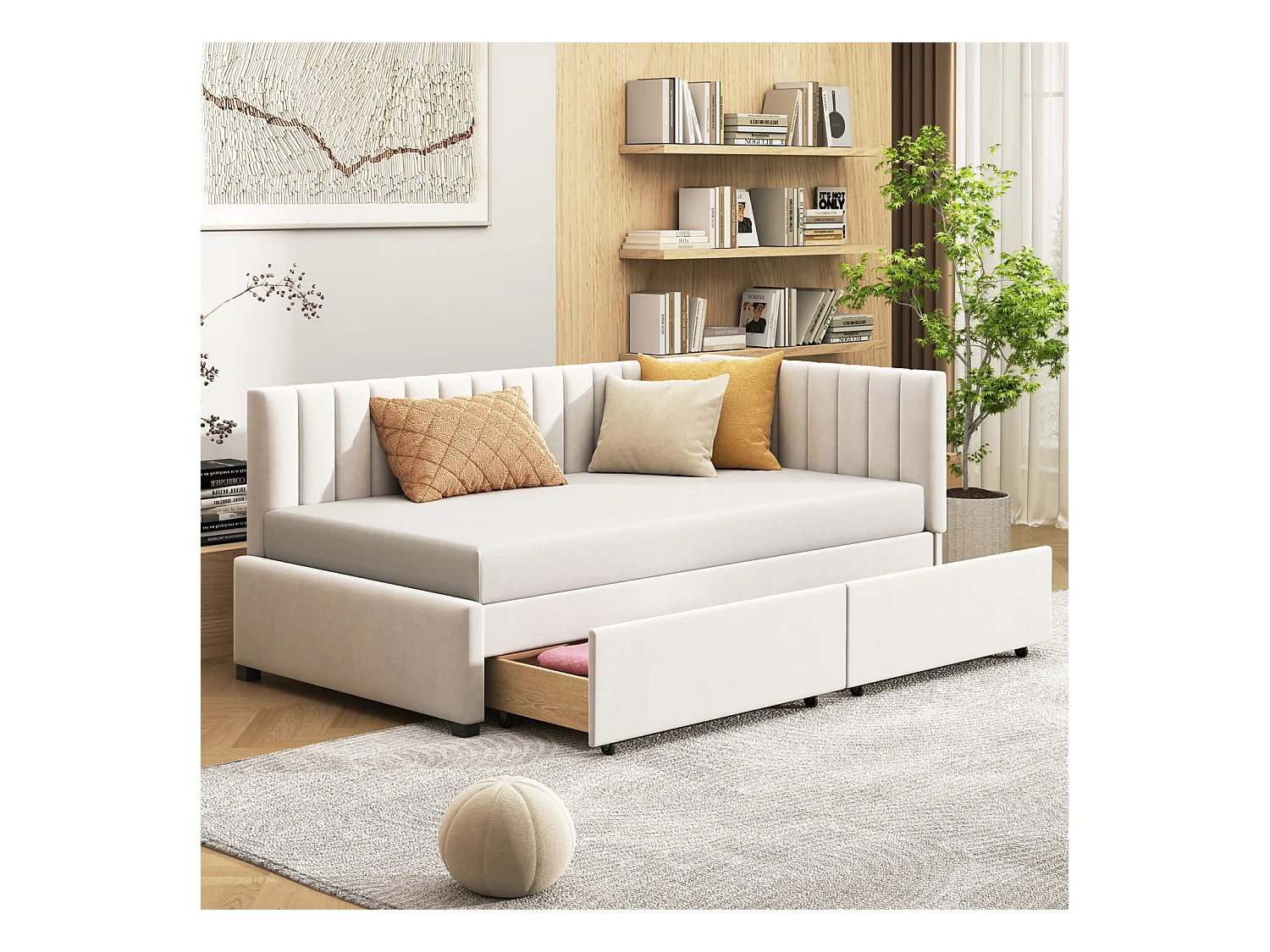 Lit simple d'enfant 90x200cm avec 2 grands tiroirs, lit en velours avec sommier à lattes et 2 barrière de lit, beige