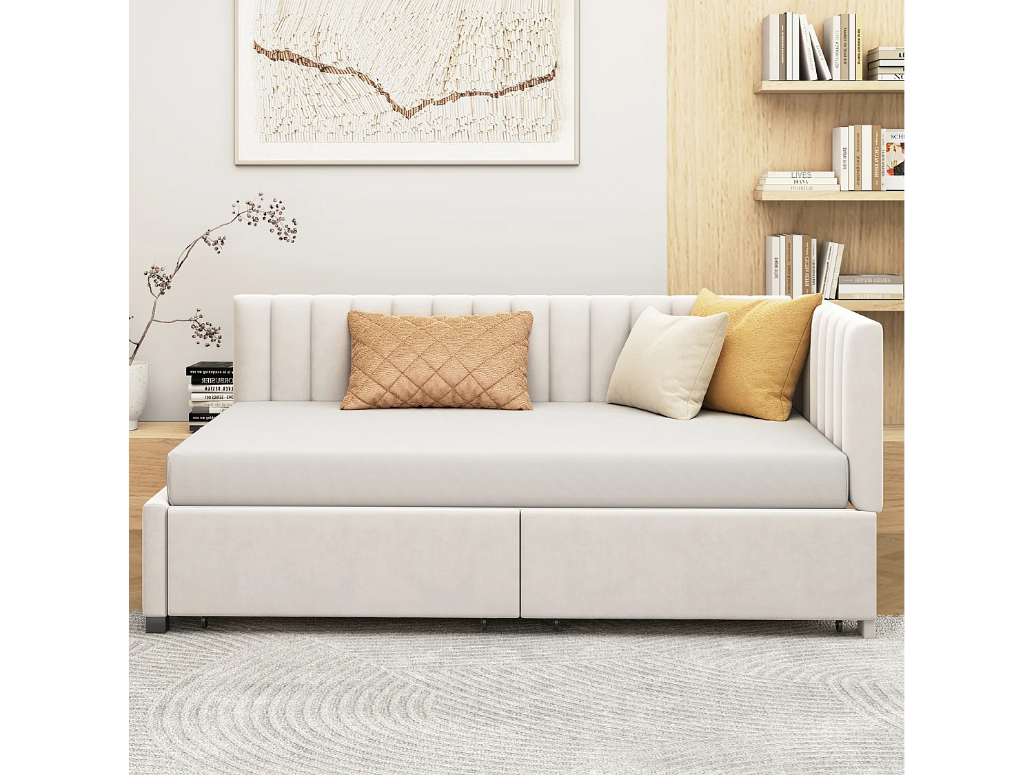 Lit simple d'enfant 90x200cm avec 2 grands tiroirs, lit en velours avec sommier à lattes et 2 barrière de lit, beige