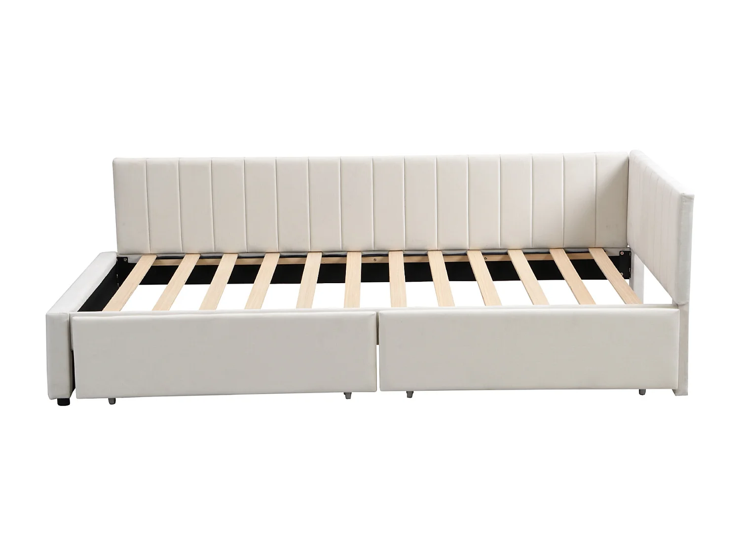 Lit simple d'enfant 90x200cm avec 2 grands tiroirs, lit en velours avec sommier à lattes et 2 barrière de lit, beige
