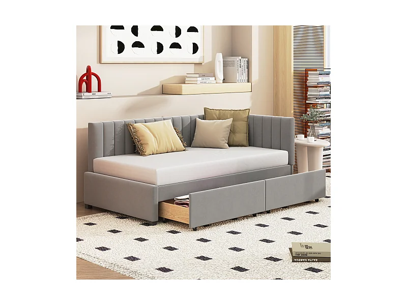 Einzel-Kinderbett 90x200cm mit 2 großen Schubladen Samtbett mit Lattenrost und 2 Bettgittern, grau