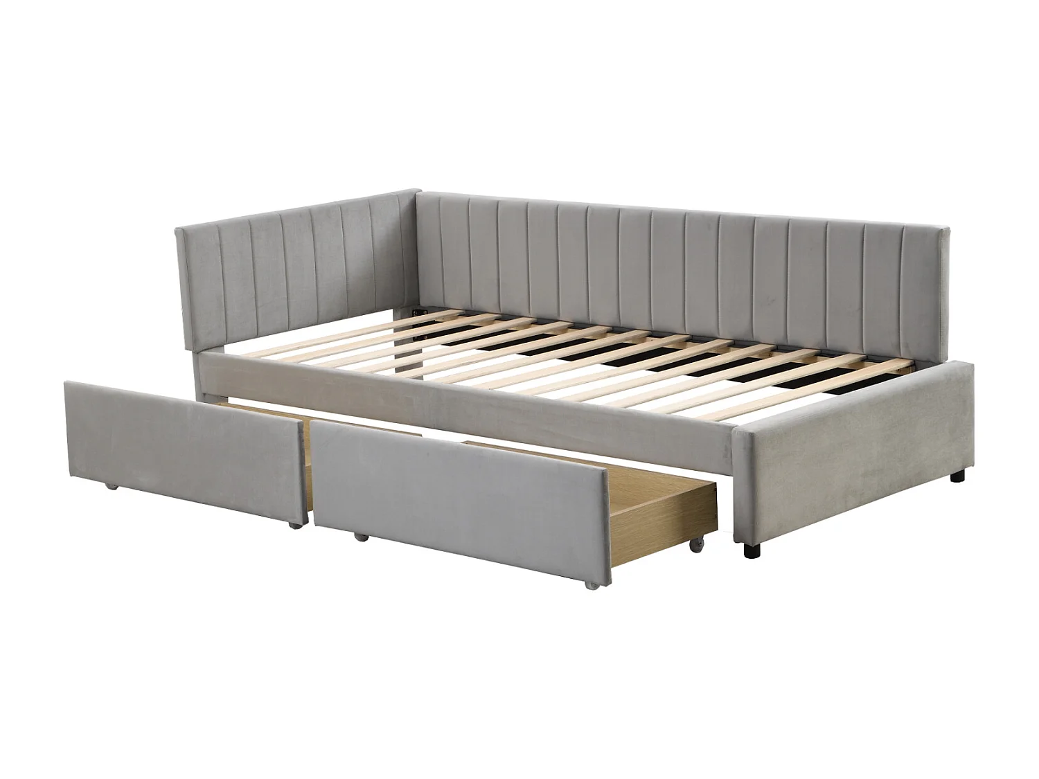 Lit simple d'enfant 90x200cm avec 2 grands tiroirs lit en velours avec sommier à lattes et 2 barrière de lit, gris