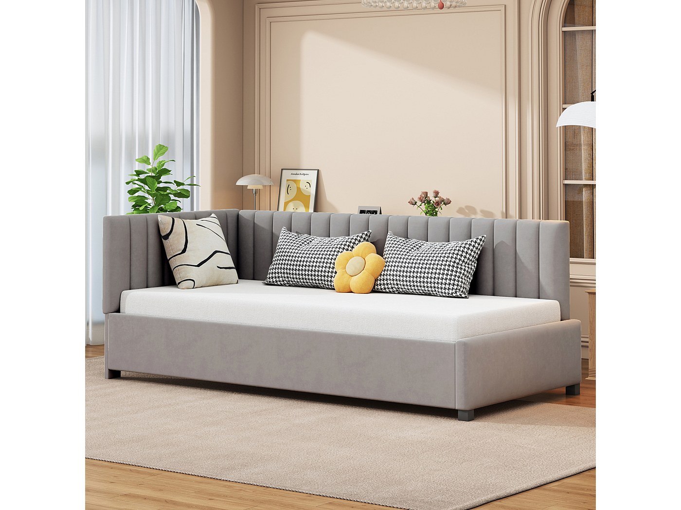 Letto Singolo 90x200 Cm Con LED, Struttura Con Rete A Doghe E Testiera Regolabile, In Lino Beige Senza Materasso
