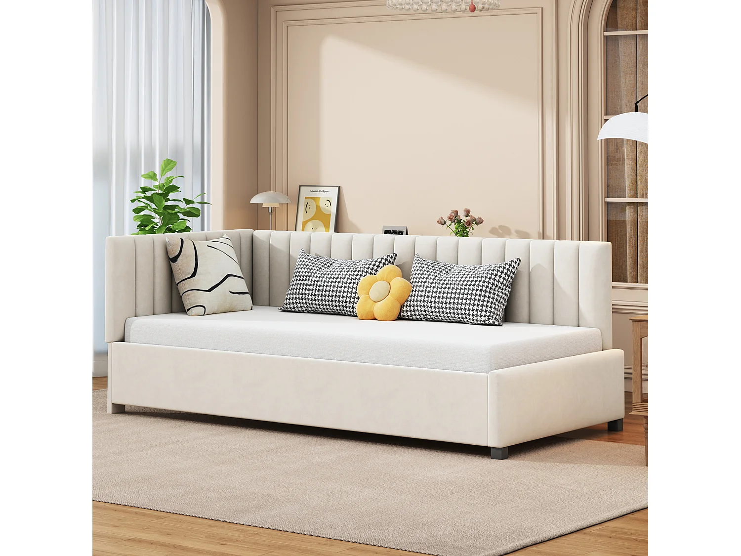 Lit gigogne capitonné 90x200cm, canapé-lit, sommier à lattes, lit simple, velours, Beige