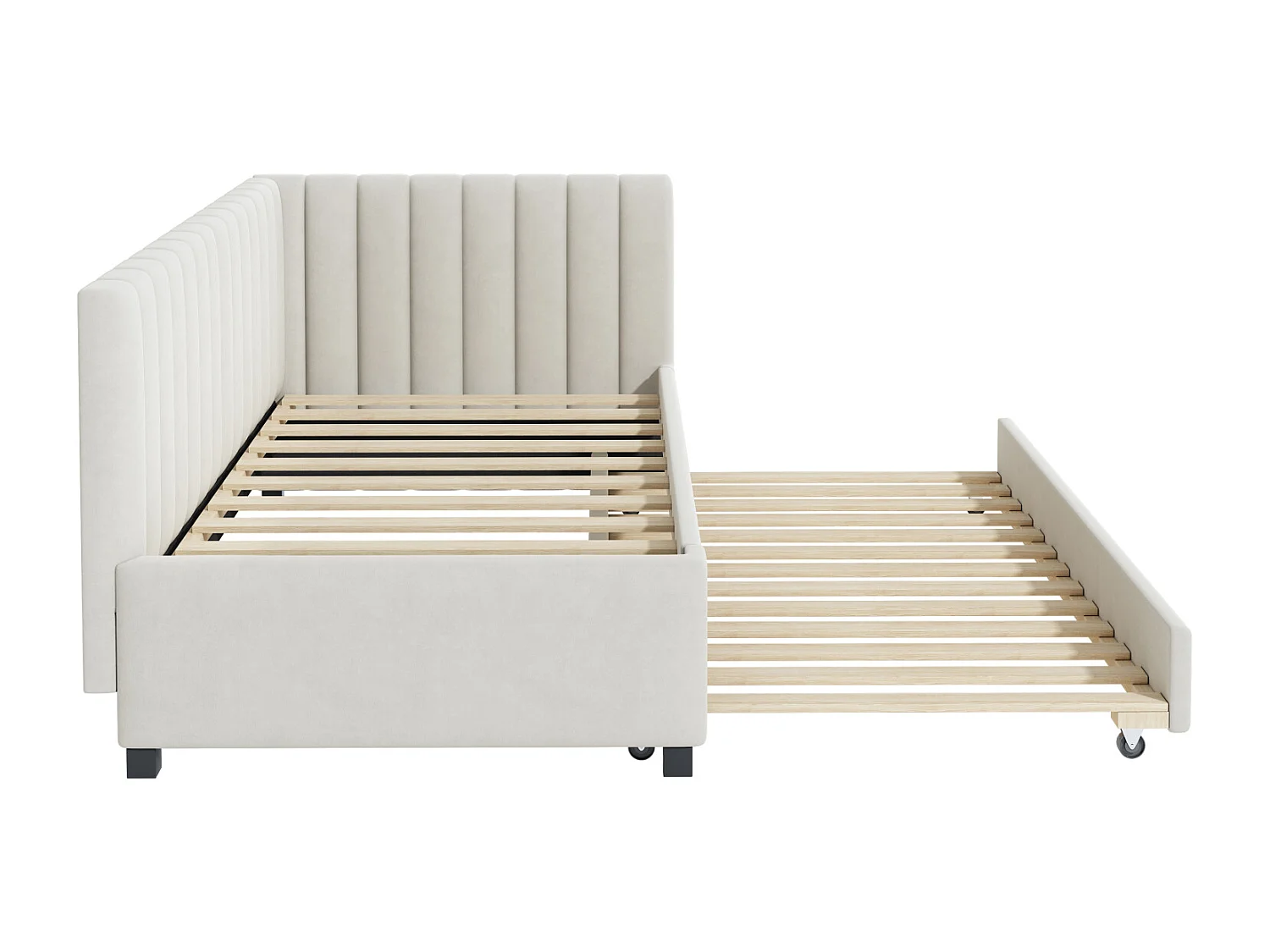 lit gigogne capitonné 90x200cm - canapé lit gigogne, sommier à lattes,lits jeunesse, lits enfant, lits d'appoint, velours - Beige