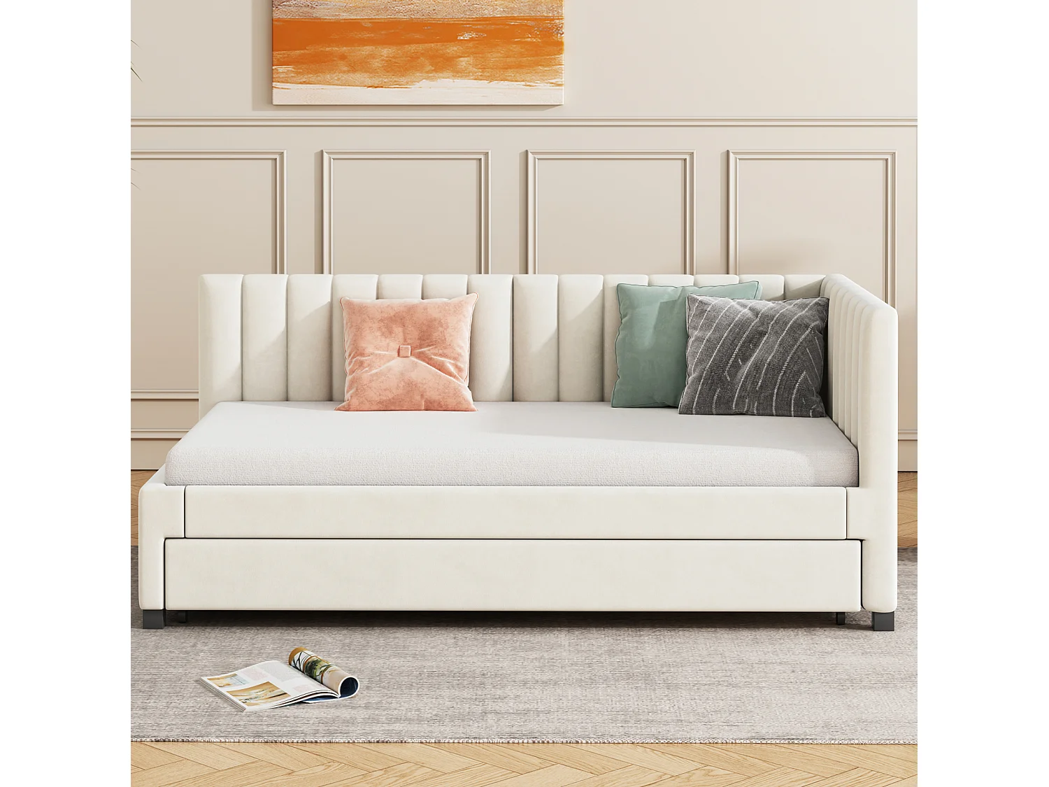 lit gigogne capitonné 90x200cm - canapé lit gigogne, sommier à lattes,lits jeunesse, lits enfant, lits d'appoint, velours - Beige