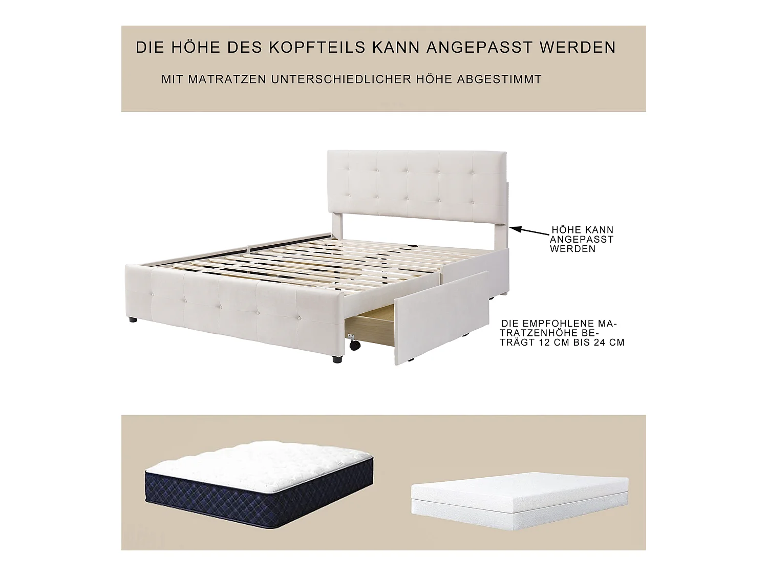 Lit avec tiroirs double capitonné 140 x 200 cm - avec 4 tiroirs, sommier à lattes, tête de lit, velours, style scandinave - lit adulte Beige