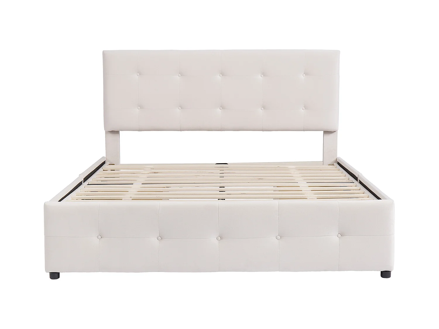 Lit avec tiroirs double capitonné 140 x 200 cm - avec 4 tiroirs, sommier à lattes, tête de lit, velours, style scandinave - lit adulte Beige