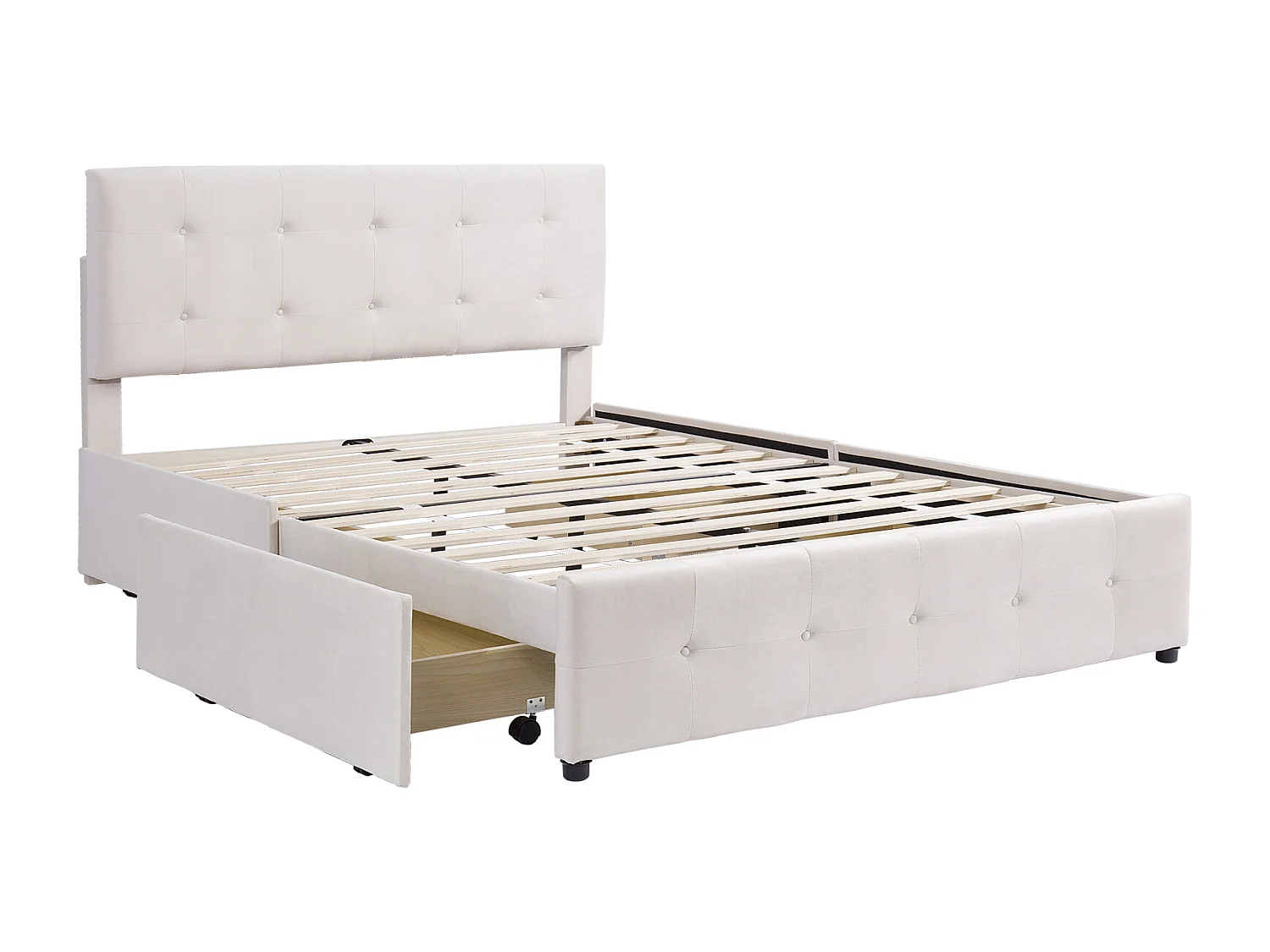 Lit avec tiroirs double capitonné 140 x 200 cm - avec 4 tiroirs, sommier à lattes, tête de lit, velours, style scandinave - lit adulte Beige