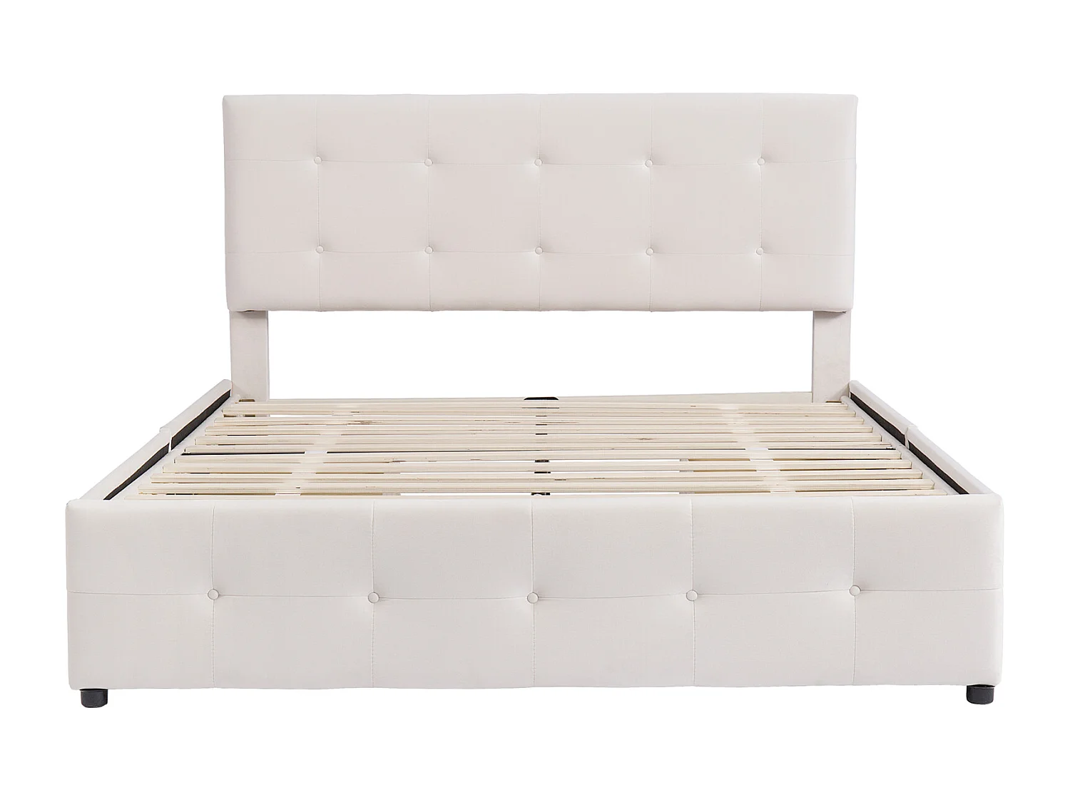 Lit avec tiroirs double capitonné 140 x 200 cm - avec 4 tiroirs, sommier à lattes, tête de lit, velours, style scandinave - lit adulte Beige