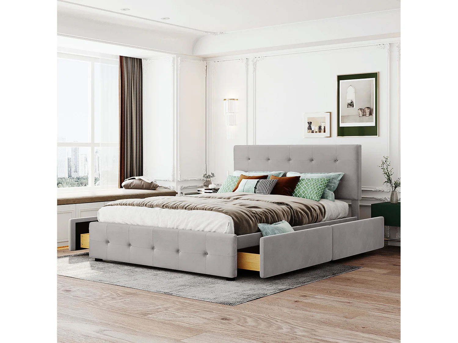 Lit avec tiroirs double capitonné 140 x 200 cm - avec 4 tiroirs, sommier à lattes, tête de lit, velours, style scandinave -lit adulte Gris