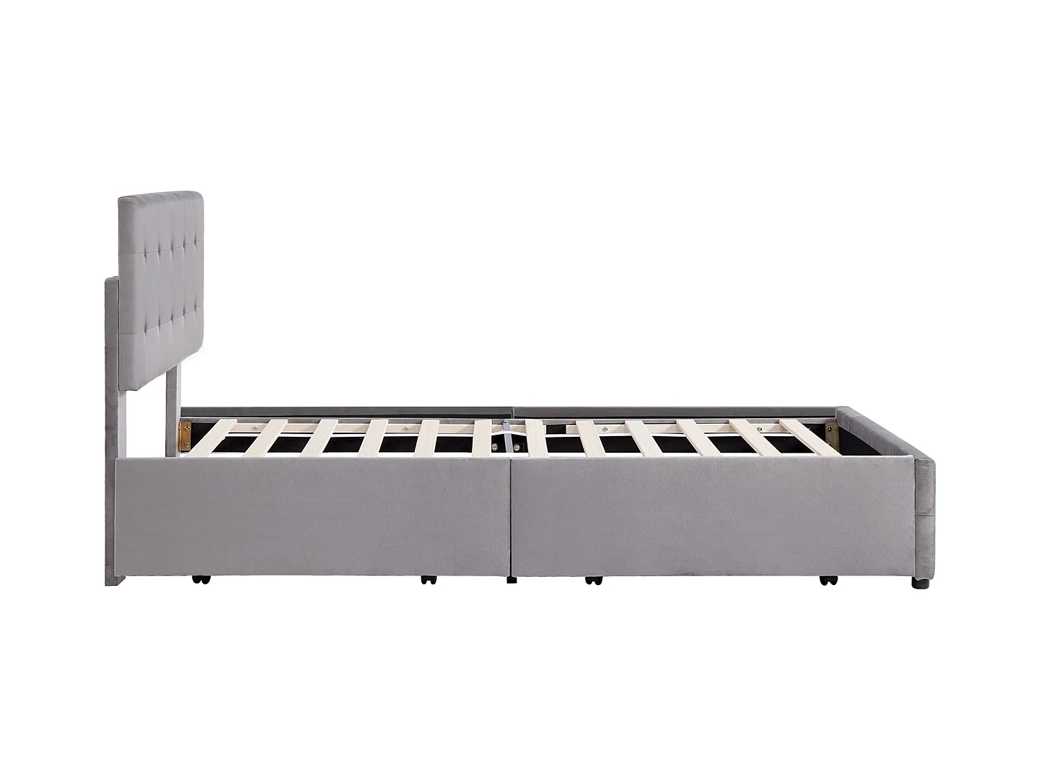 Lit avec tiroirs double capitonné 140 x 200 cm - avec 4 tiroirs, sommier à lattes, tête de lit, velours, style scandinave -lit adulte Gris