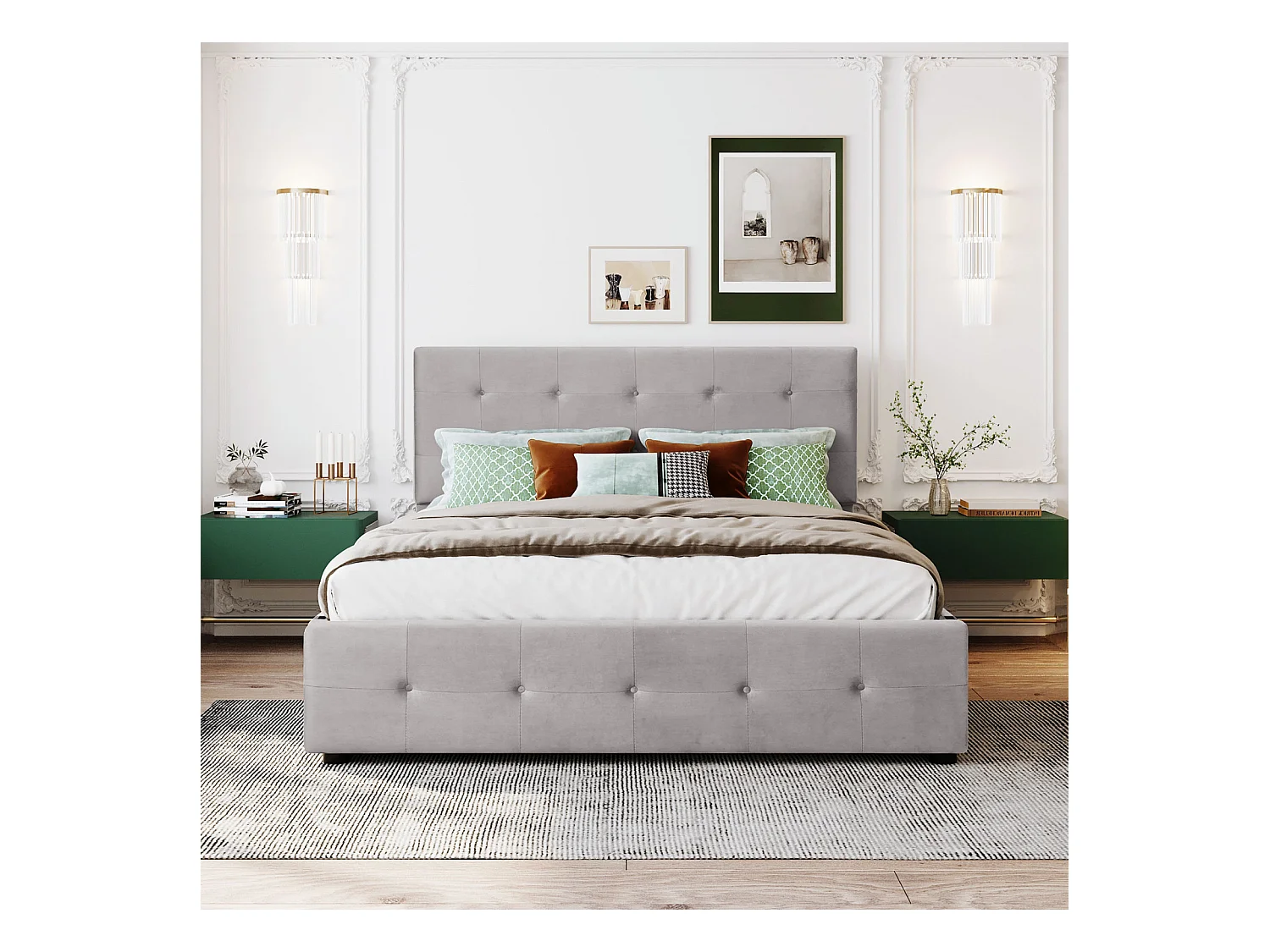 Lit avec tiroirs double capitonné 140 x 200 cm - avec 4 tiroirs, sommier à lattes, tête de lit, velours, style scandinave -lit adulte Gris