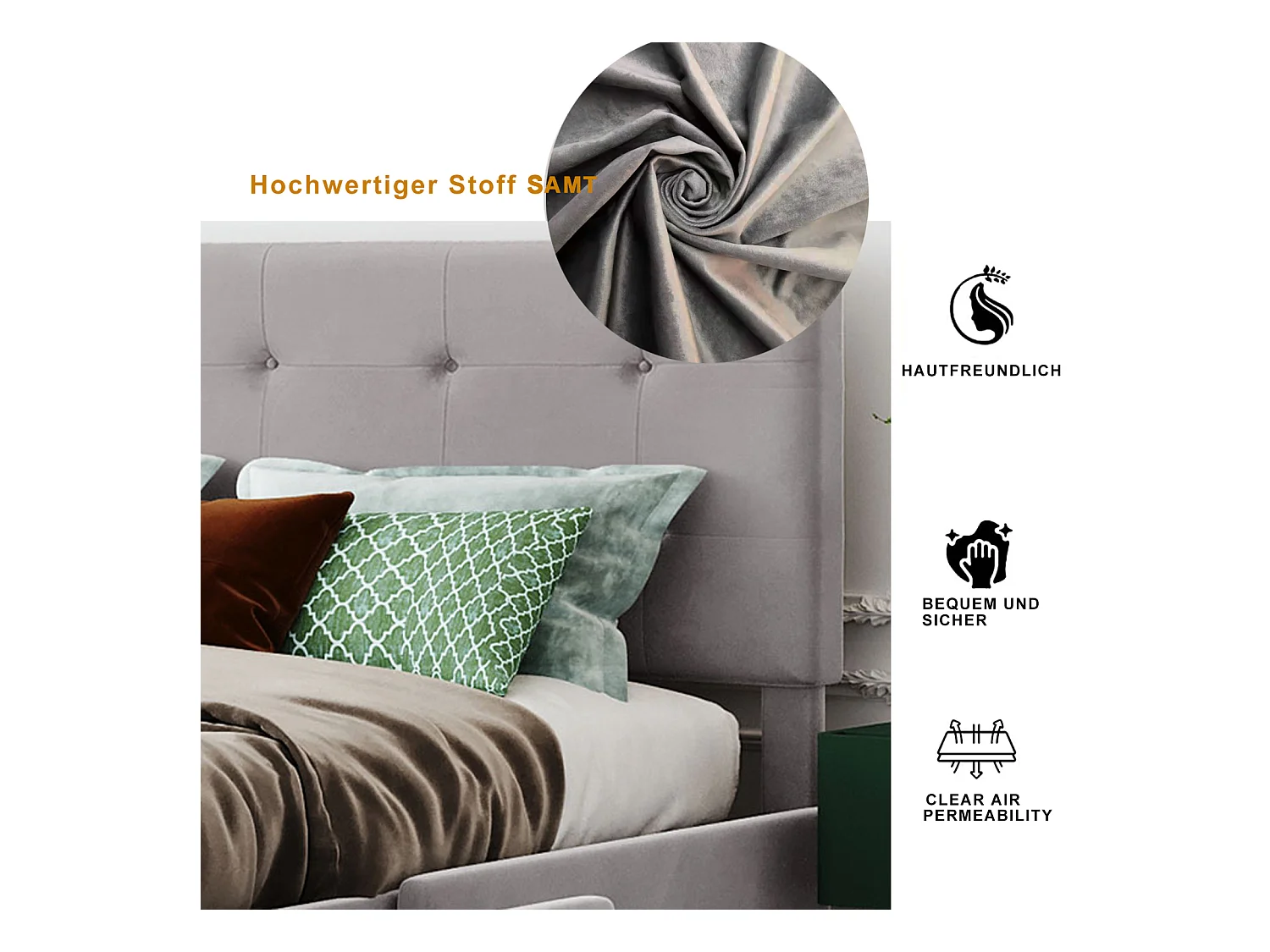 Lit avec tiroirs double capitonné 140 x 200 cm - avec 4 tiroirs, sommier à lattes, tête de lit, velours, style scandinave -lit adulte Gris