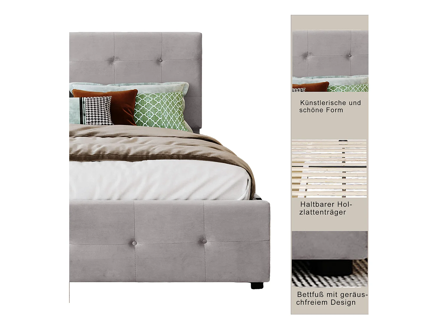 Lit avec tiroirs double capitonné 140 x 200 cm - avec 4 tiroirs, sommier à lattes, tête de lit, velours, style scandinave -lit adulte Gris