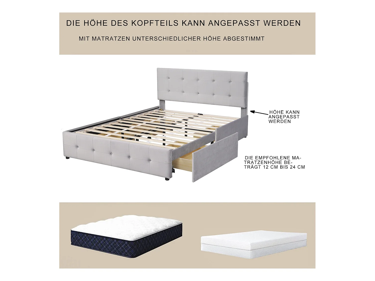 Lit avec tiroirs double capitonné 140 x 200 cm - avec 4 tiroirs, sommier à lattes, tête de lit, velours, style scandinave -lit adulte Gris