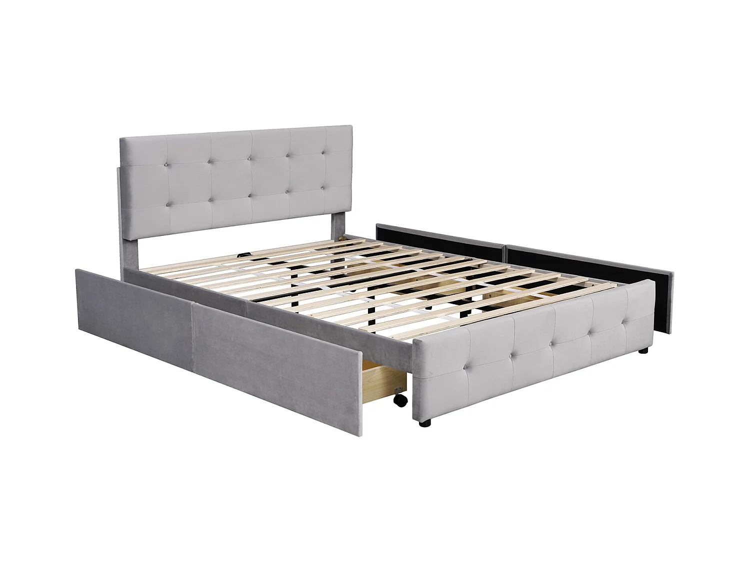 Lit avec tiroirs double capitonné 140 x 200 cm - avec 4 tiroirs, sommier à lattes, tête de lit, velours, style scandinave -lit adulte Gris