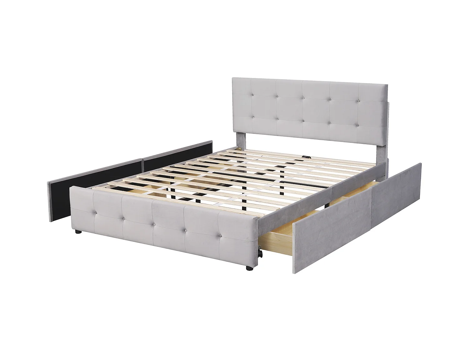 Lit avec tiroirs double capitonné 140 x 200 cm - avec 4 tiroirs, sommier à lattes, tête de lit, velours, style scandinave -lit adulte Gris
