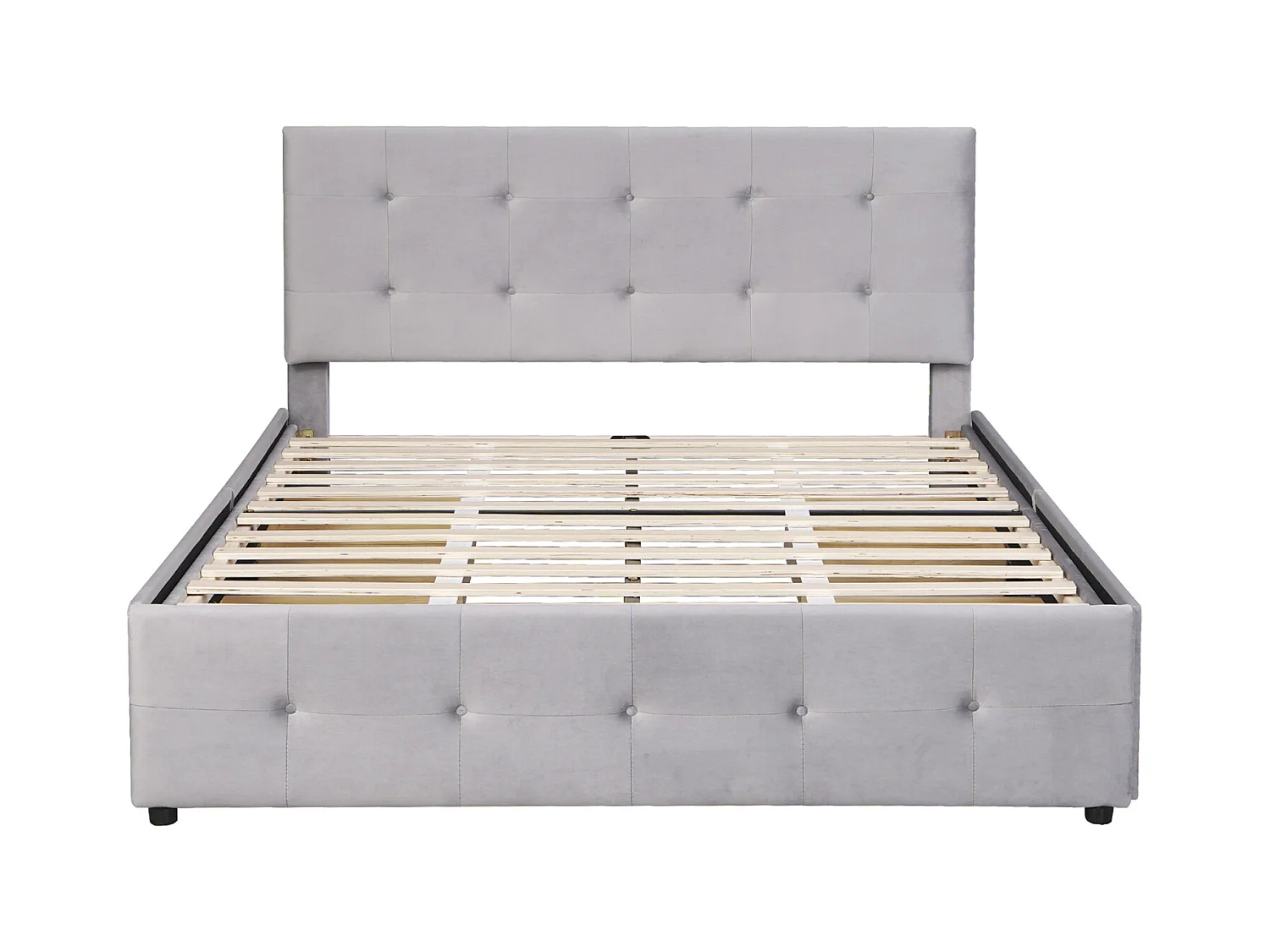 Lit avec tiroirs double capitonné 140 x 200 cm - avec 4 tiroirs, sommier à lattes, tête de lit, velours, style scandinave -lit adulte Gris