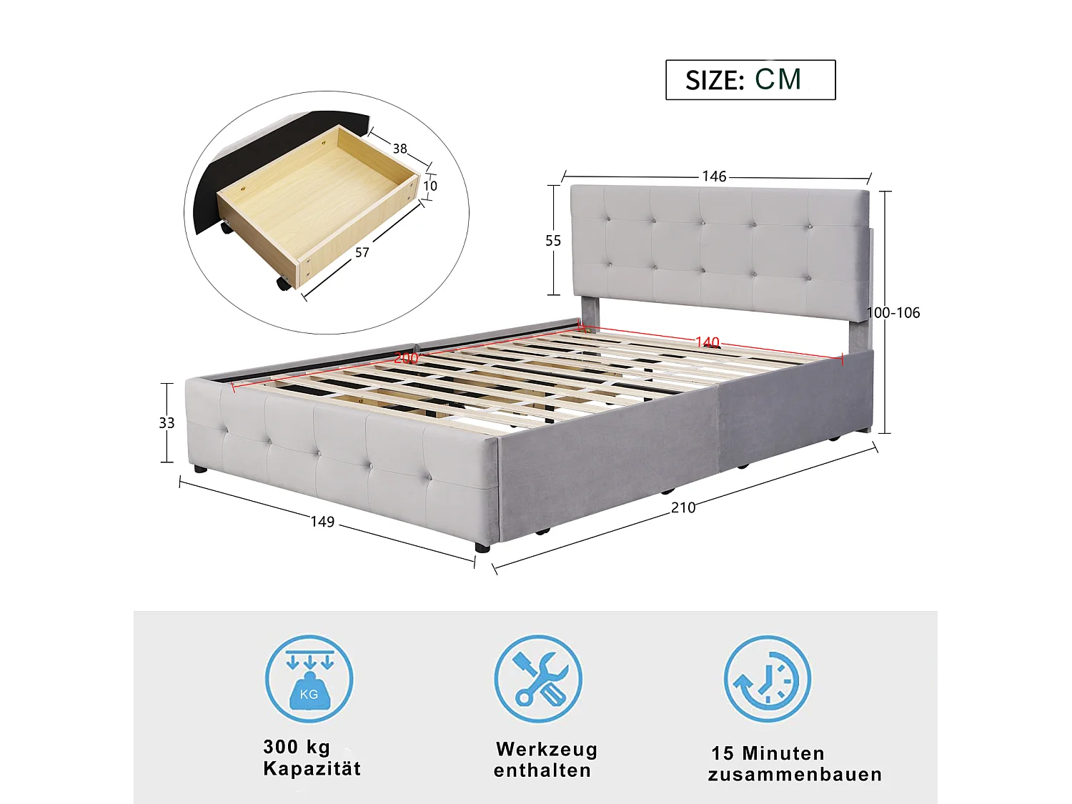 Tweepersoonsbed gestoffeerd met lades 140 x 200 cm - met 4 lades, lattenbodem, hoofdbord, fluweel, Scandinavische stijl - volwassen bed Grijs