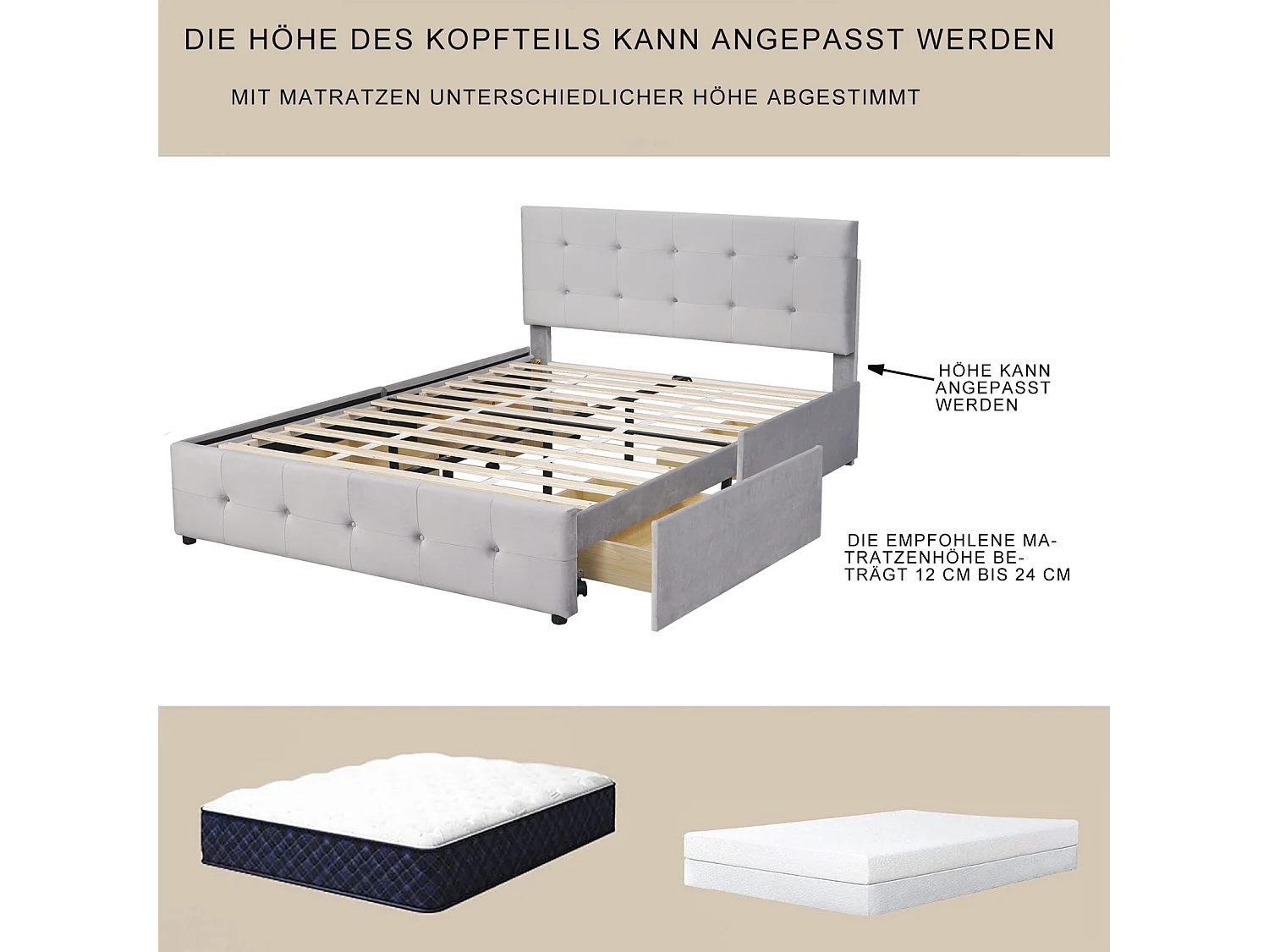 Tweepersoonsbed gestoffeerd met lades 140 x 200 cm - met 4 lades, lattenbodem, hoofdbord, fluweel, Scandinavische stijl - volwassen bed Grijs