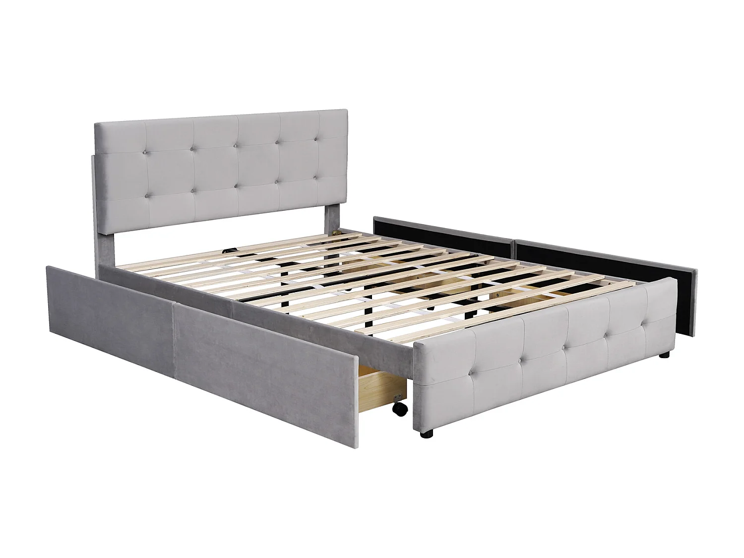 Tweepersoonsbed gestoffeerd met lades 140 x 200 cm - met 4 lades, lattenbodem, hoofdbord, fluweel, Scandinavische stijl - volwassen bed Grijs