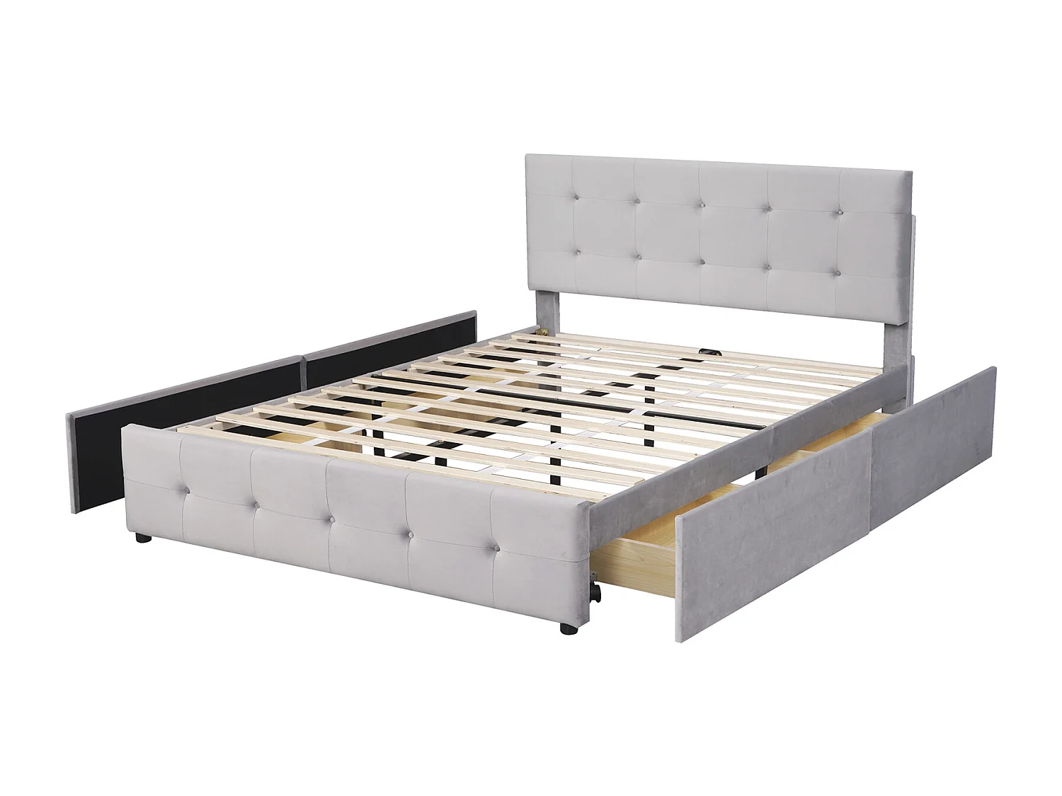 Tweepersoonsbed gestoffeerd met lades 140 x 200 cm - met 4 lades, lattenbodem, hoofdbord, fluweel, Scandinavische stijl - volwassen bed Grijs