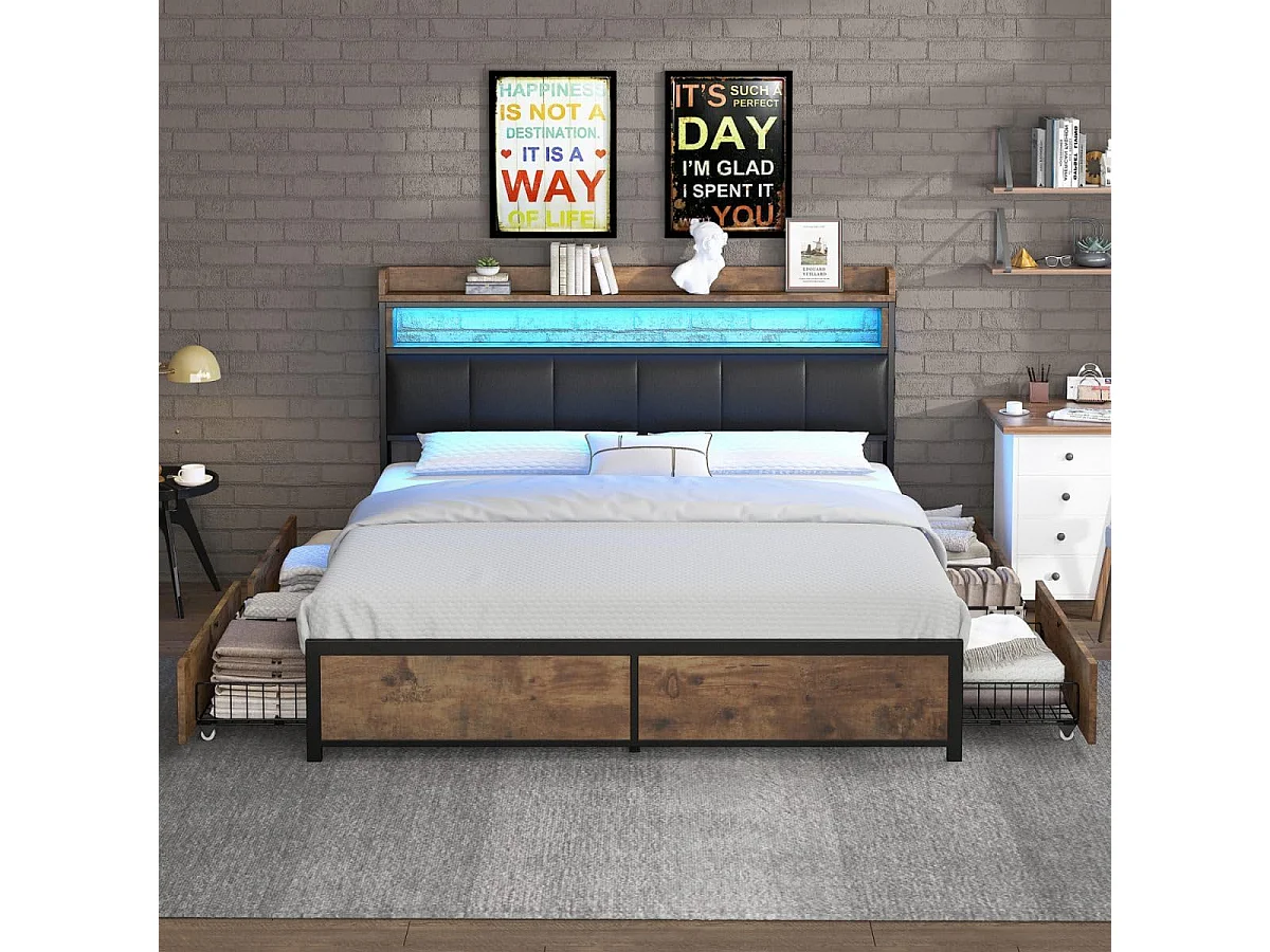 Lit adulte 180x200cm, lit double avec sommier à lattes en métal et tête de lit LED de rangement, lit en PU, style industriel, noir