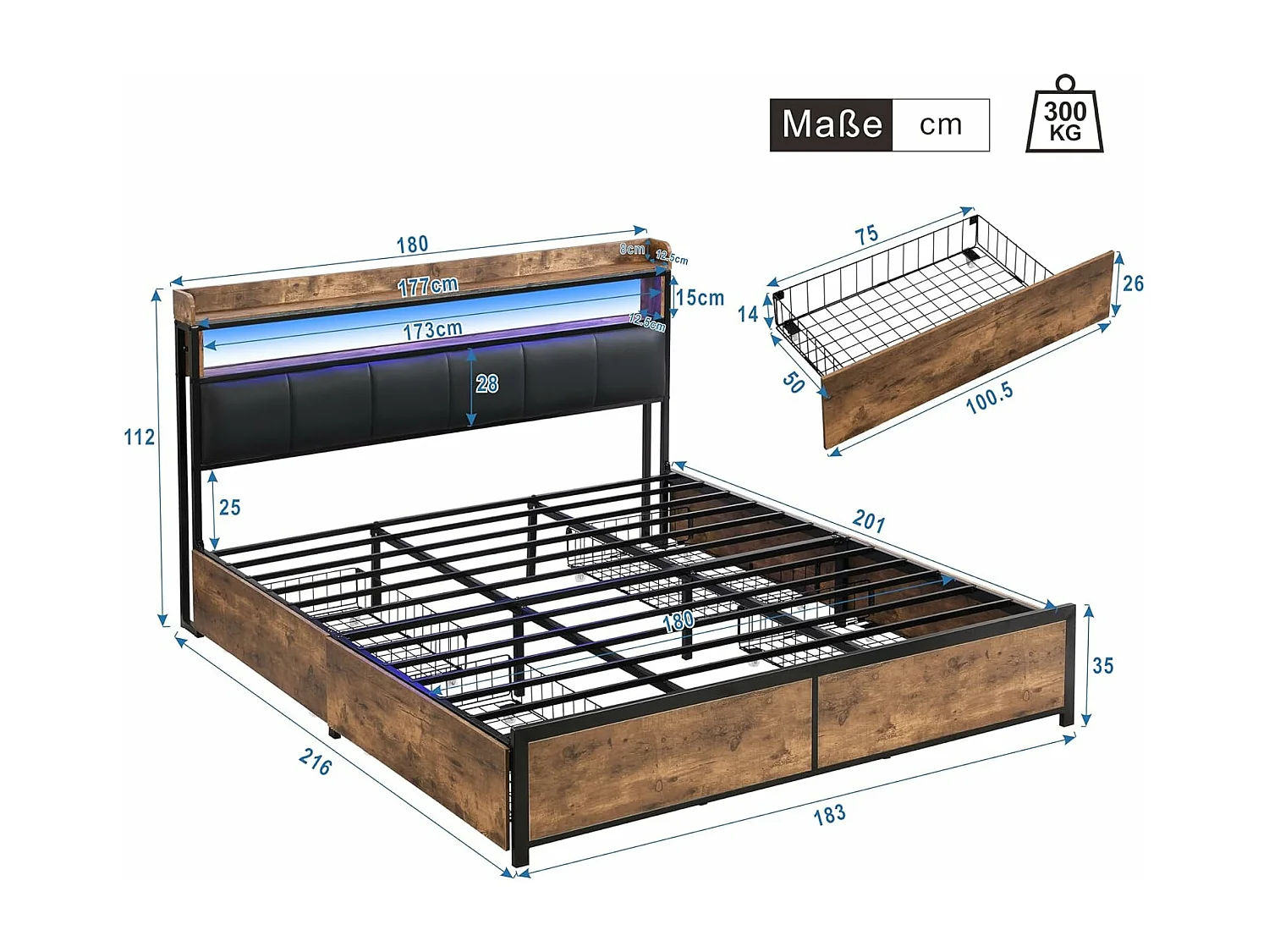 Lit adulte 180x200cm, lit double avec sommier à lattes en métal et tête de lit LED de rangement, lit en PU, style industriel, noir