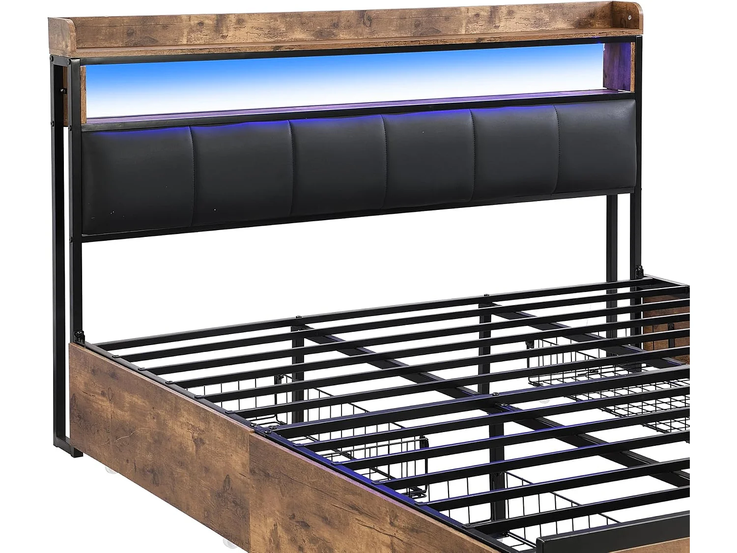 Lit adulte 180x200cm, lit double avec sommier à lattes en métal et tête de lit LED de rangement, lit en PU, style industriel, noir