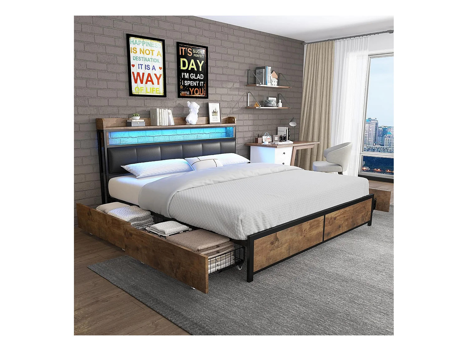 Letto per adulti 180x200cm, letto matrimoniale con rete a doghe in metallo e testiera contenitore LED, letto in PU, stile industriale, nero