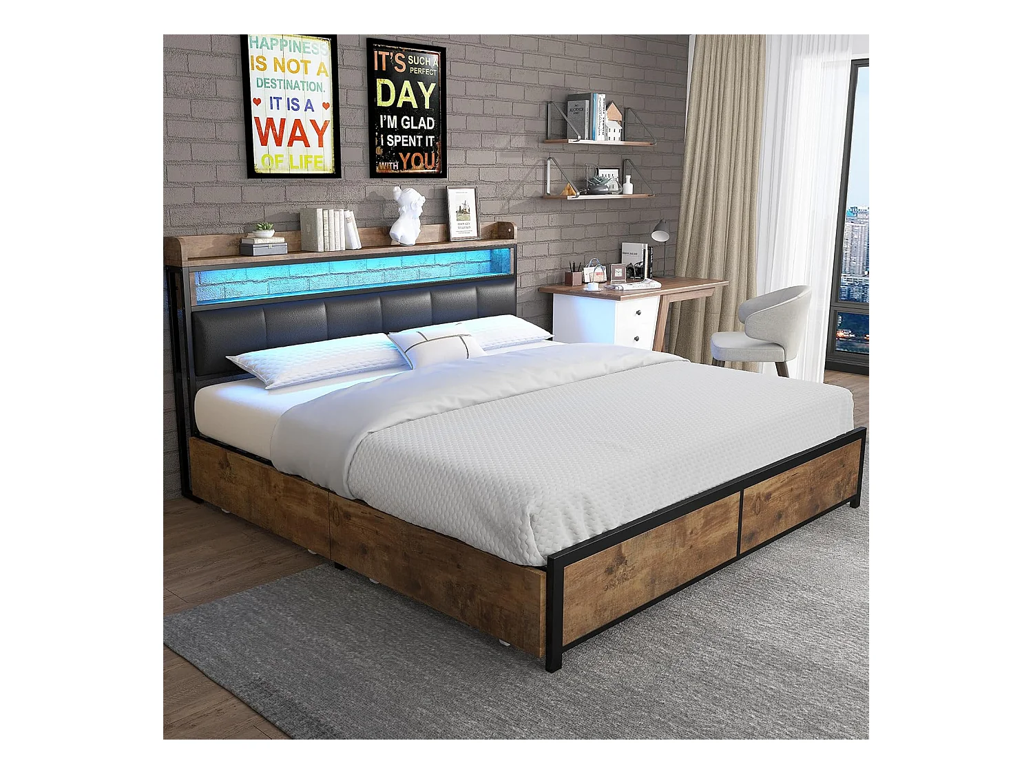 Letto per adulti 180x200cm, letto matrimoniale con rete a doghe in metallo e testiera contenitore LED, letto in PU, stile industriale, nero