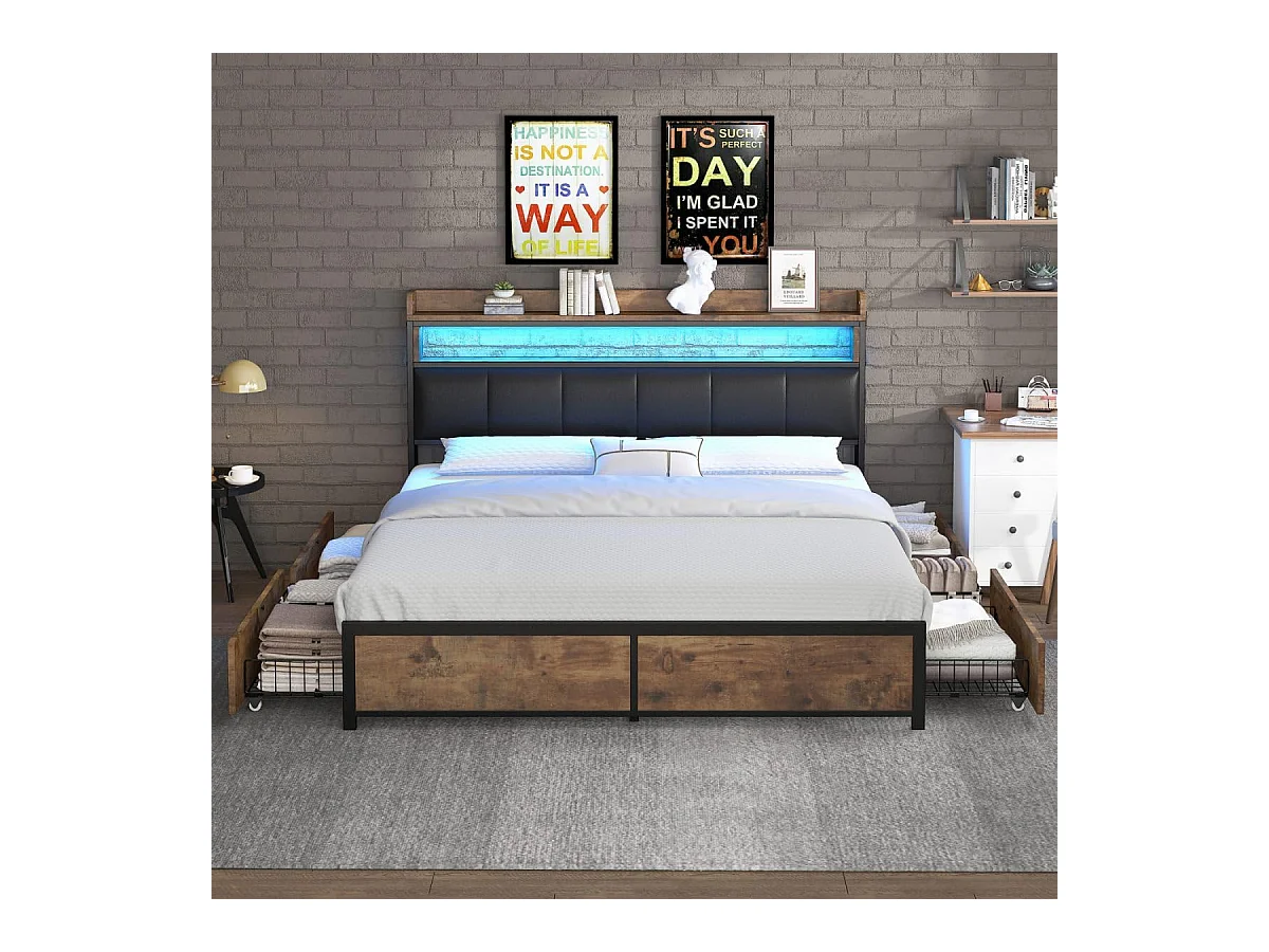 Letto per adulti 180x200cm, letto matrimoniale con rete a doghe in metallo e testiera contenitore LED, letto in PU, stile industriale, nero