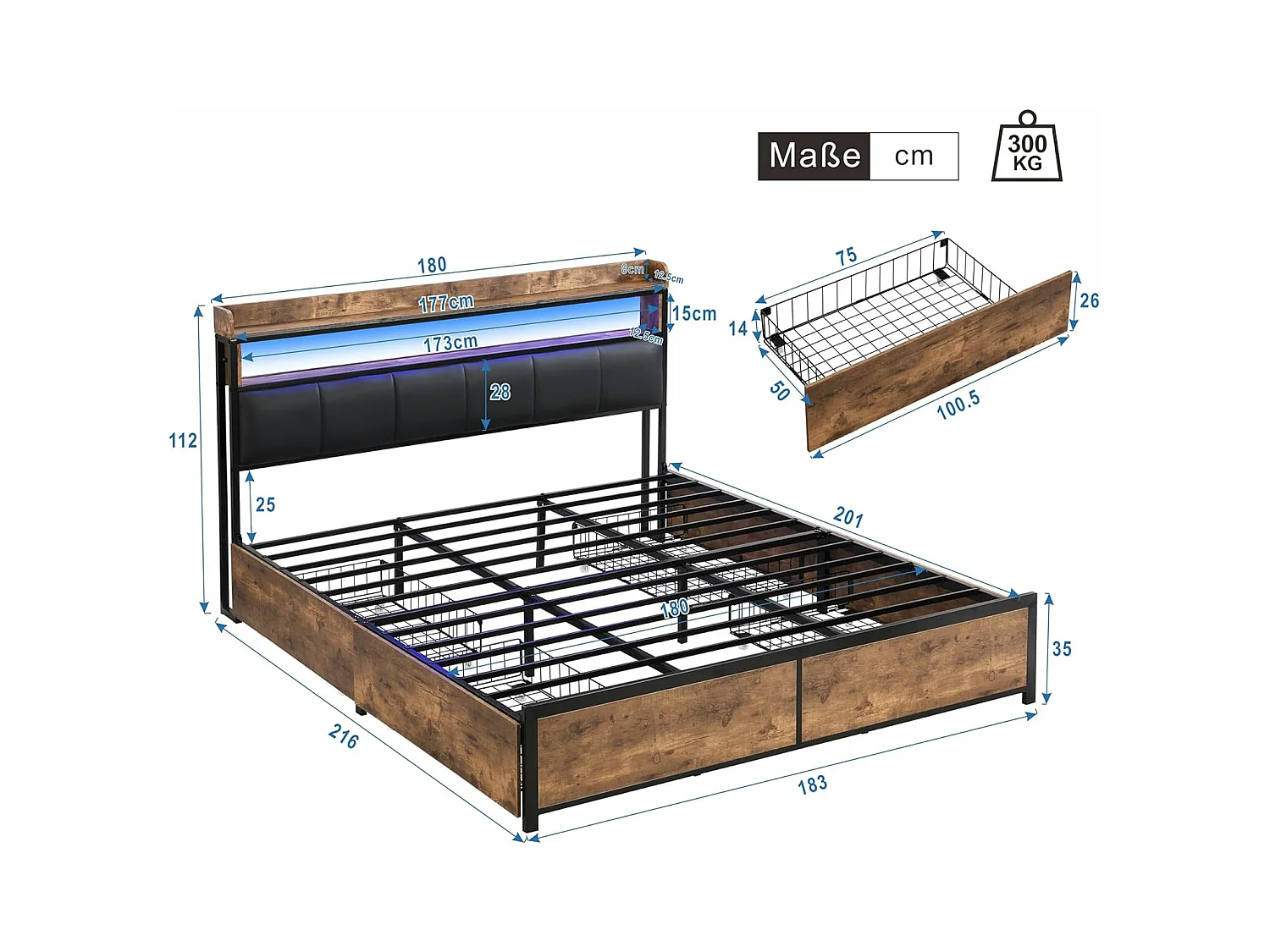 Letto per adulti 180x200cm, letto matrimoniale con rete a doghe in metallo e testiera contenitore LED, letto in PU, stile industriale, nero