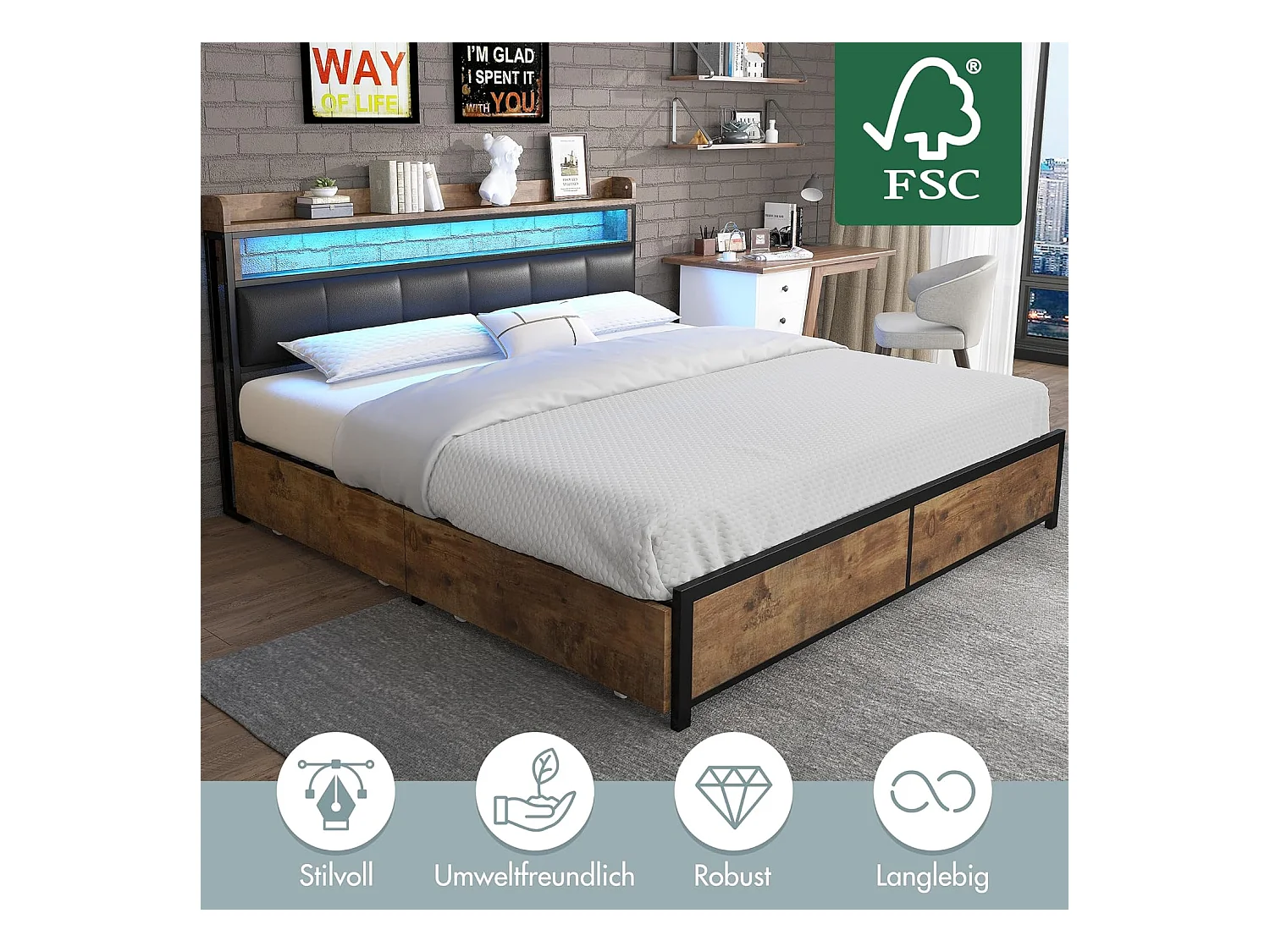 Letto per adulti 180x200cm, letto matrimoniale con rete a doghe in metallo e testiera contenitore LED, letto in PU, stile industriale, nero