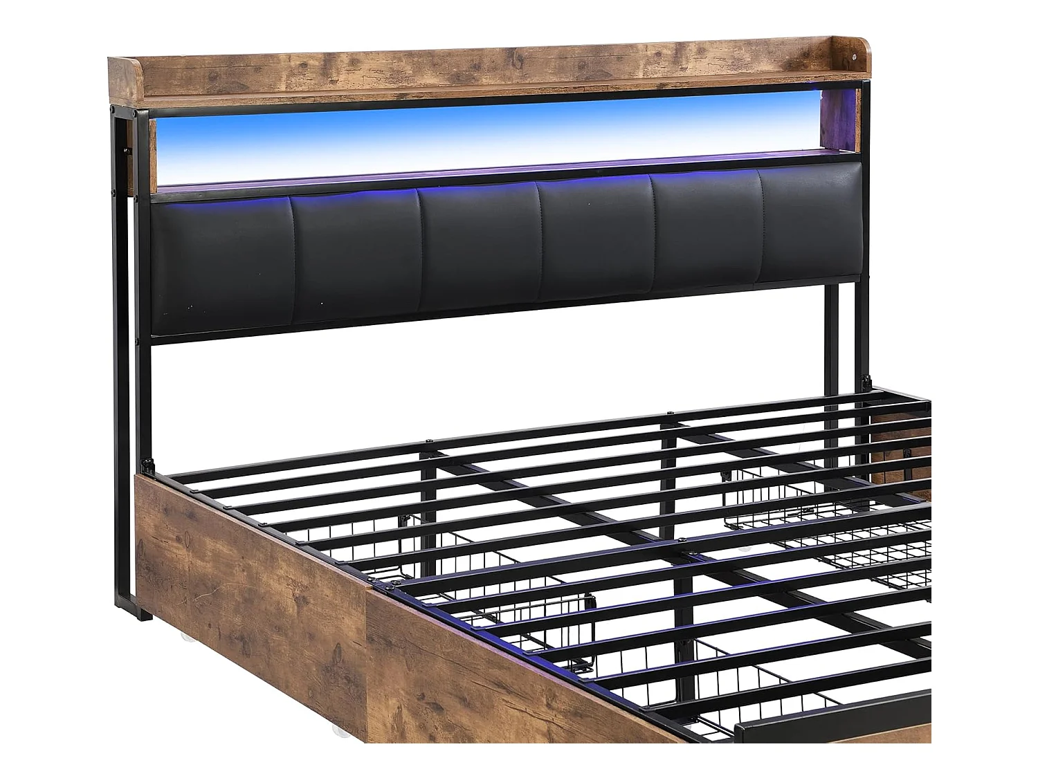 Letto per adulti 180x200cm, letto matrimoniale con rete a doghe in metallo e testiera contenitore LED, letto in PU, stile industriale, nero