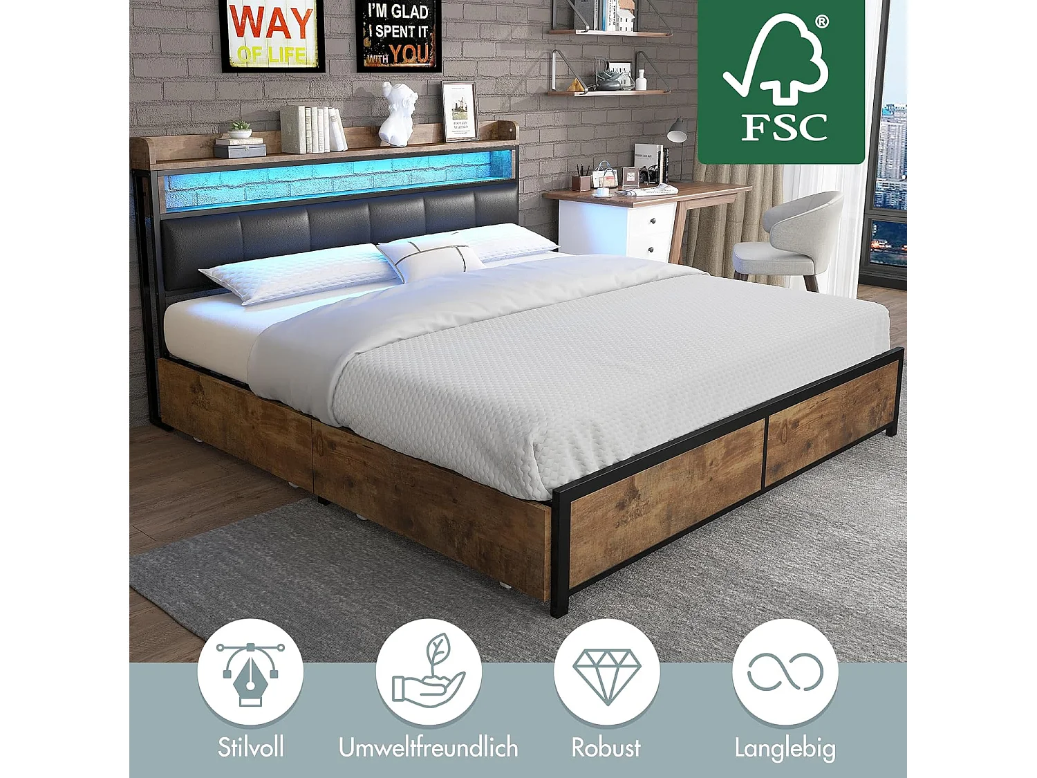 Letto per adulti 180x200cm, letto matrimoniale con rete a doghe in metallo e testiera contenitore LED, letto in PU, stile industriale, nero