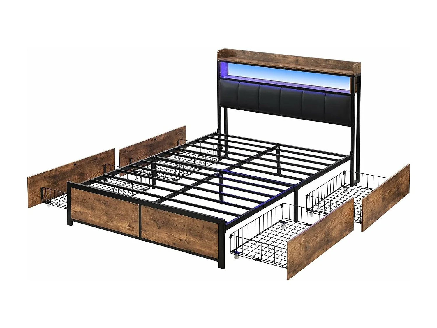 Lit adulte 140x200cm, lit double avec sommier à lattes en métal et tête de lit LED de rangement, lit en PU, style industriel, noir