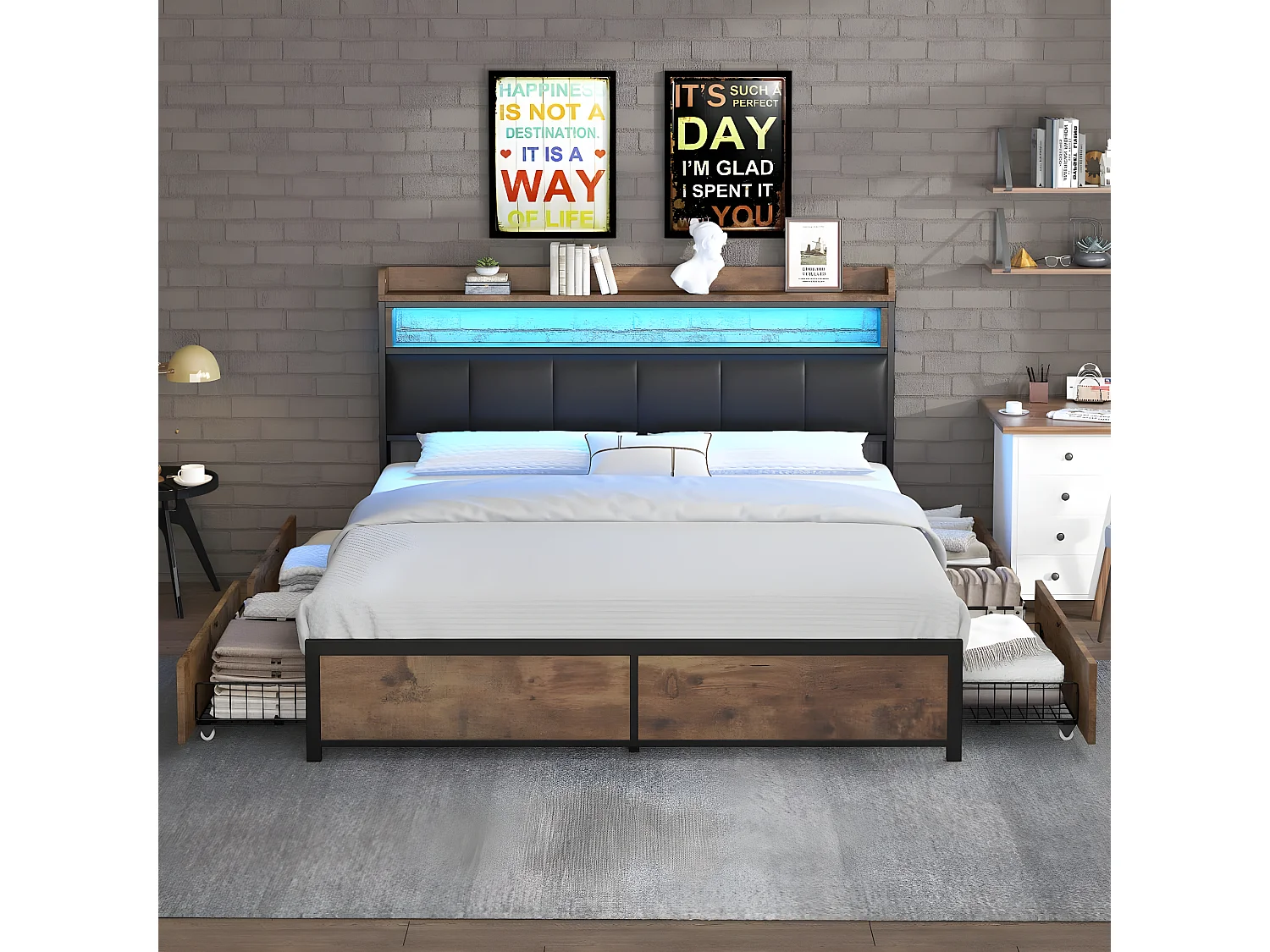 Lit adulte 140x200cm, lit double avec sommier à lattes en métal et tête de lit LED de rangement, lit en PU, style industriel, noir