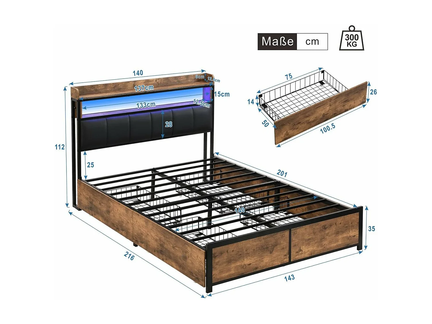 Lit adulte 140x200cm, lit double avec sommier à lattes en métal et tête de lit LED de rangement, lit en PU, style industriel, noir
