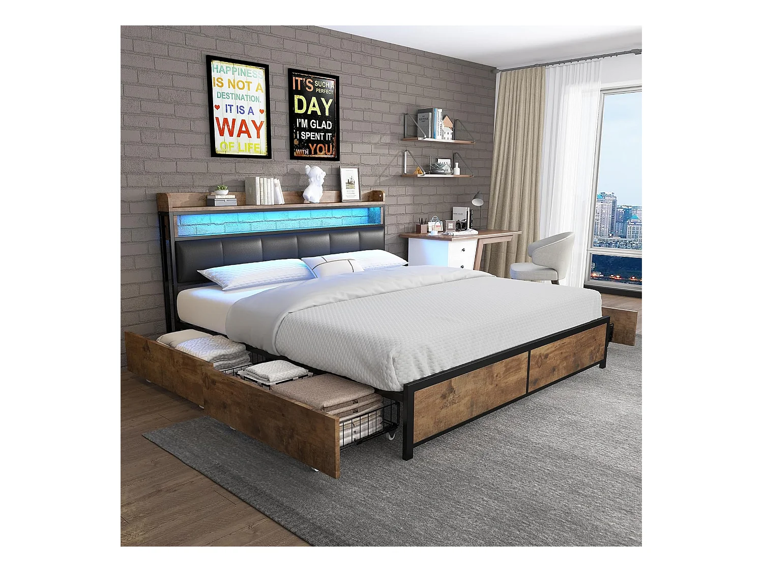 Lit adulte 160x200cm, lit double avec sommier à lattes en métal et tête de lit LED de rangement, lit en PU, style industriel, noir