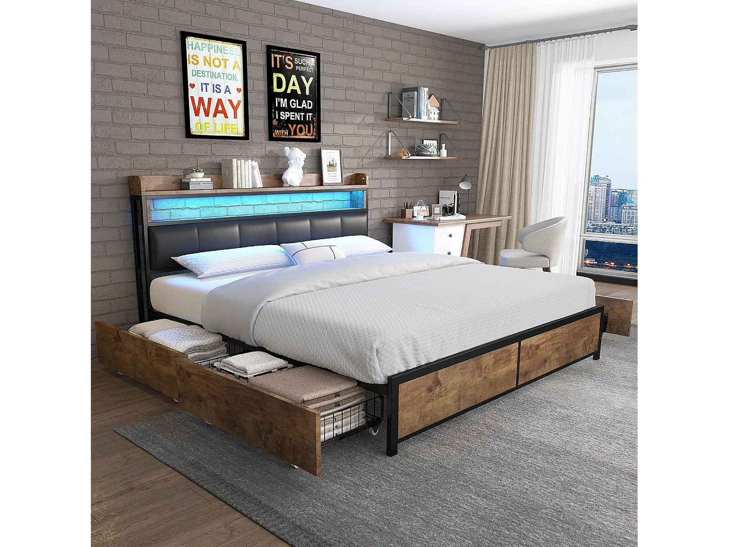 Lit adulte 160x200cm, lit double avec sommier à lattes en métal et tête de lit LED de rangement, lit en PU, style industriel, noir