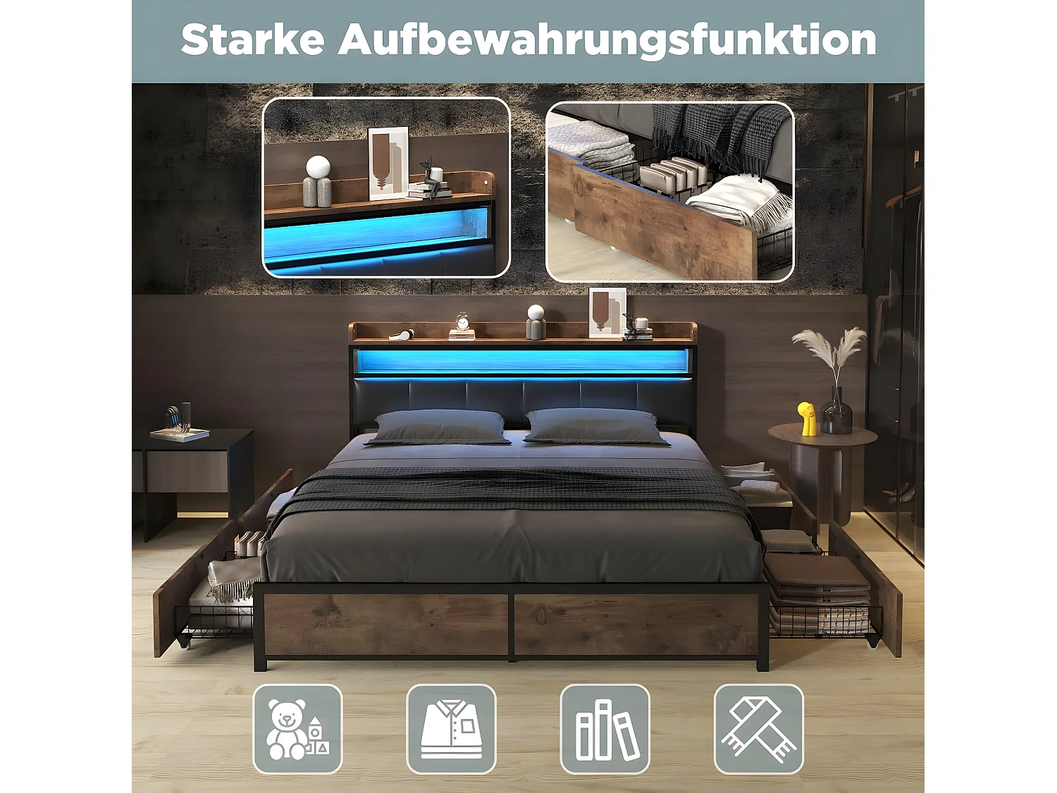 Lit adulte 160x200cm, lit double avec sommier à lattes en métal et tête de lit LED de rangement, lit en PU, style industriel, noir