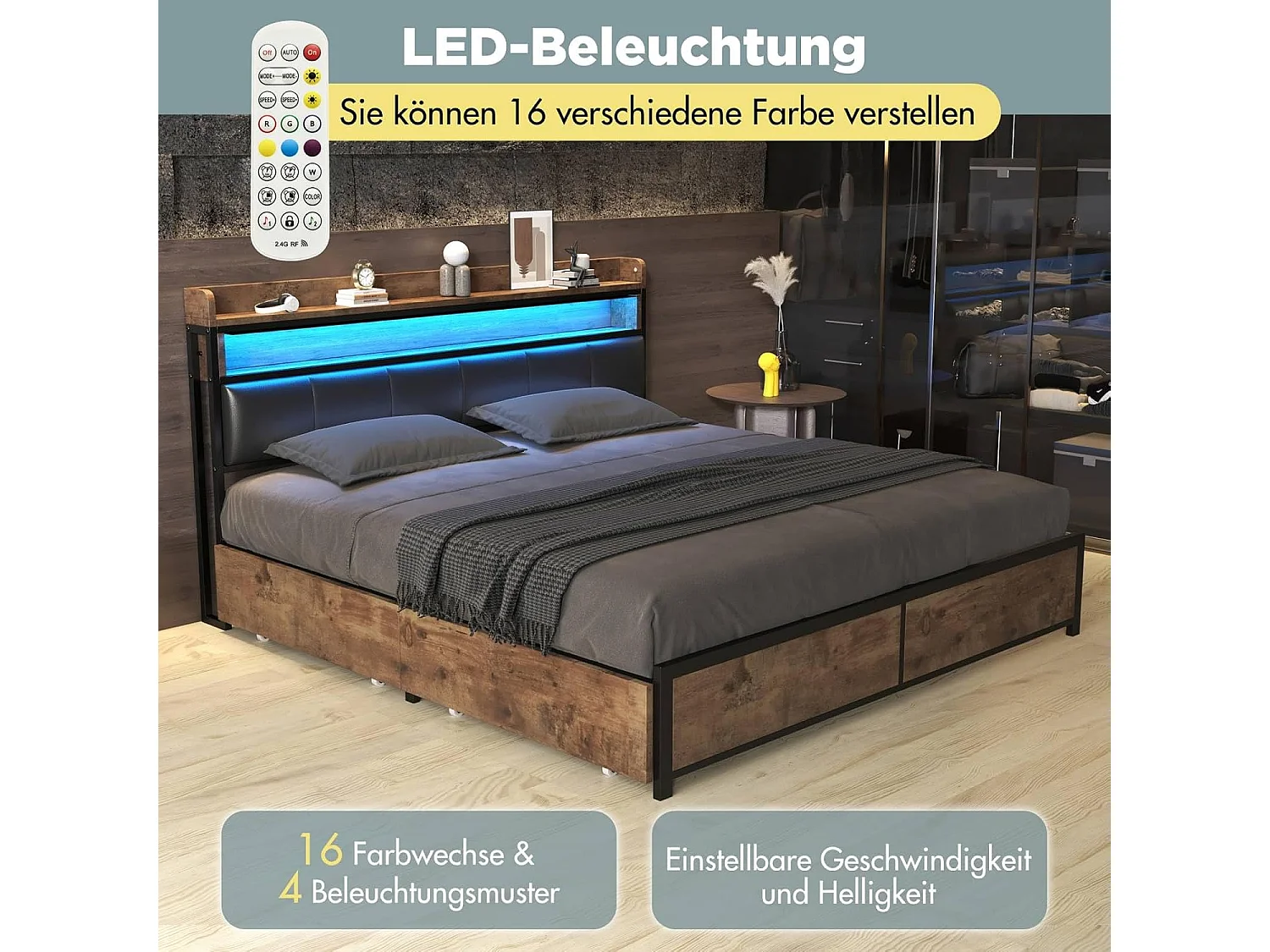 Lit adulte 160x200cm, lit double avec sommier à lattes en métal et tête de lit LED de rangement, lit en PU, style industriel, noir