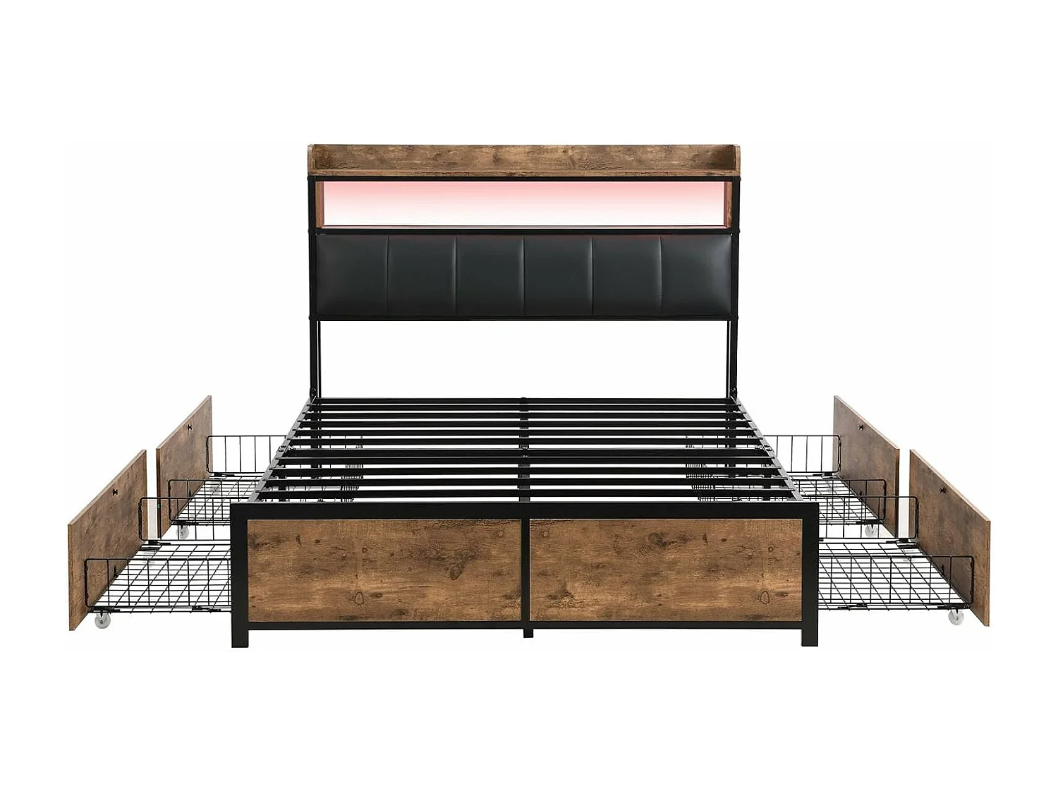 Lit adulte 160x200cm, lit double avec sommier à lattes en métal et tête de lit LED de rangement, lit en PU, style industriel, noir