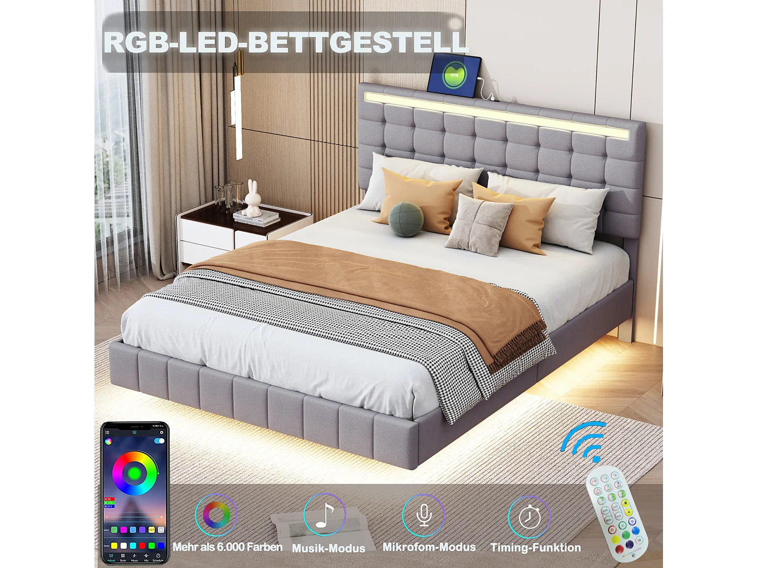 Letto imbottito con lampade a LED per adulti - struttura letto sospesa con rete a doghe e testiera con 2 porte USB - grigio 140x200cm