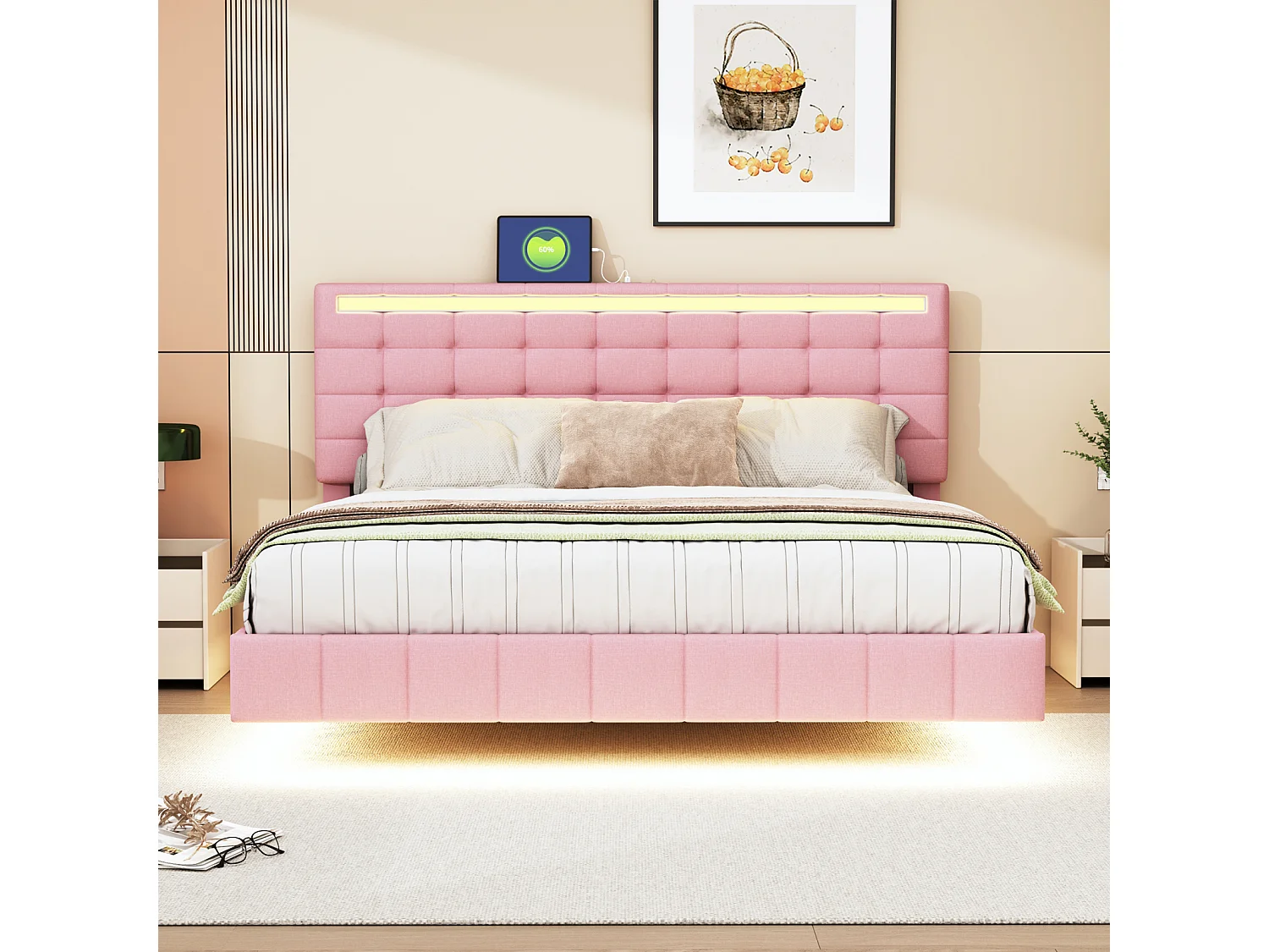 Lit capitonné avec lampes LED pour adulte - cadre de lit flottant avec sommier à lattes et tête de lit avec 2 porte USB - rose 160x200cm