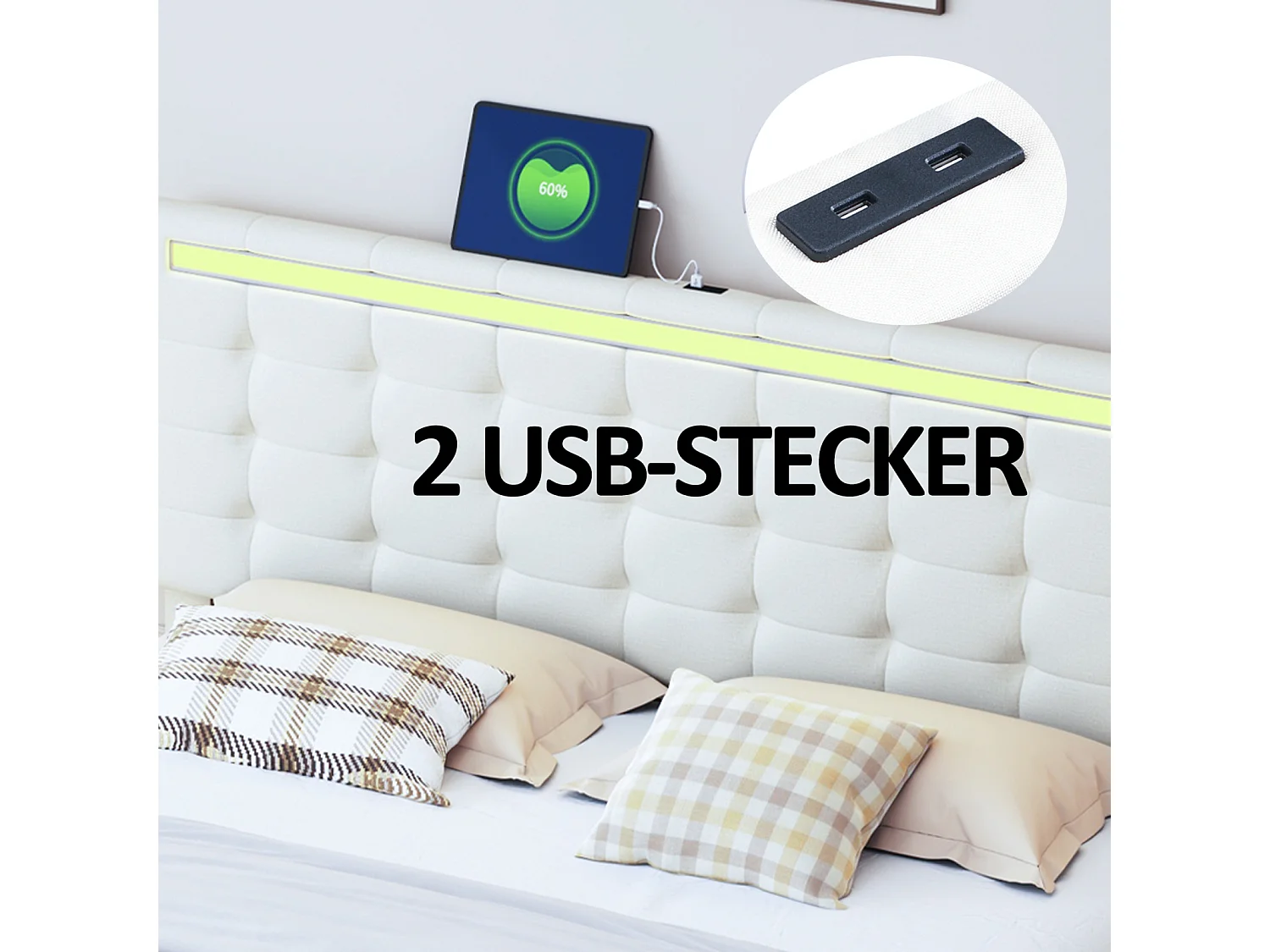 Gestoffeerd bed met LED-lampen voor volwassenen - zwevend bedframe met lattenbodem en hoofdbord met 2 USB-poorten - beige 140x200cm
