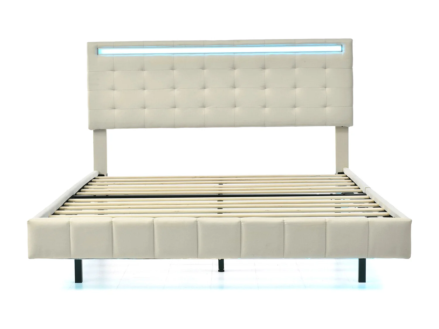 Gestoffeerd bed met LED-lampen voor volwassenen - zwevend bedframe met lattenbodem en hoofdbord met 2 USB-poorten - beige 140x200cm